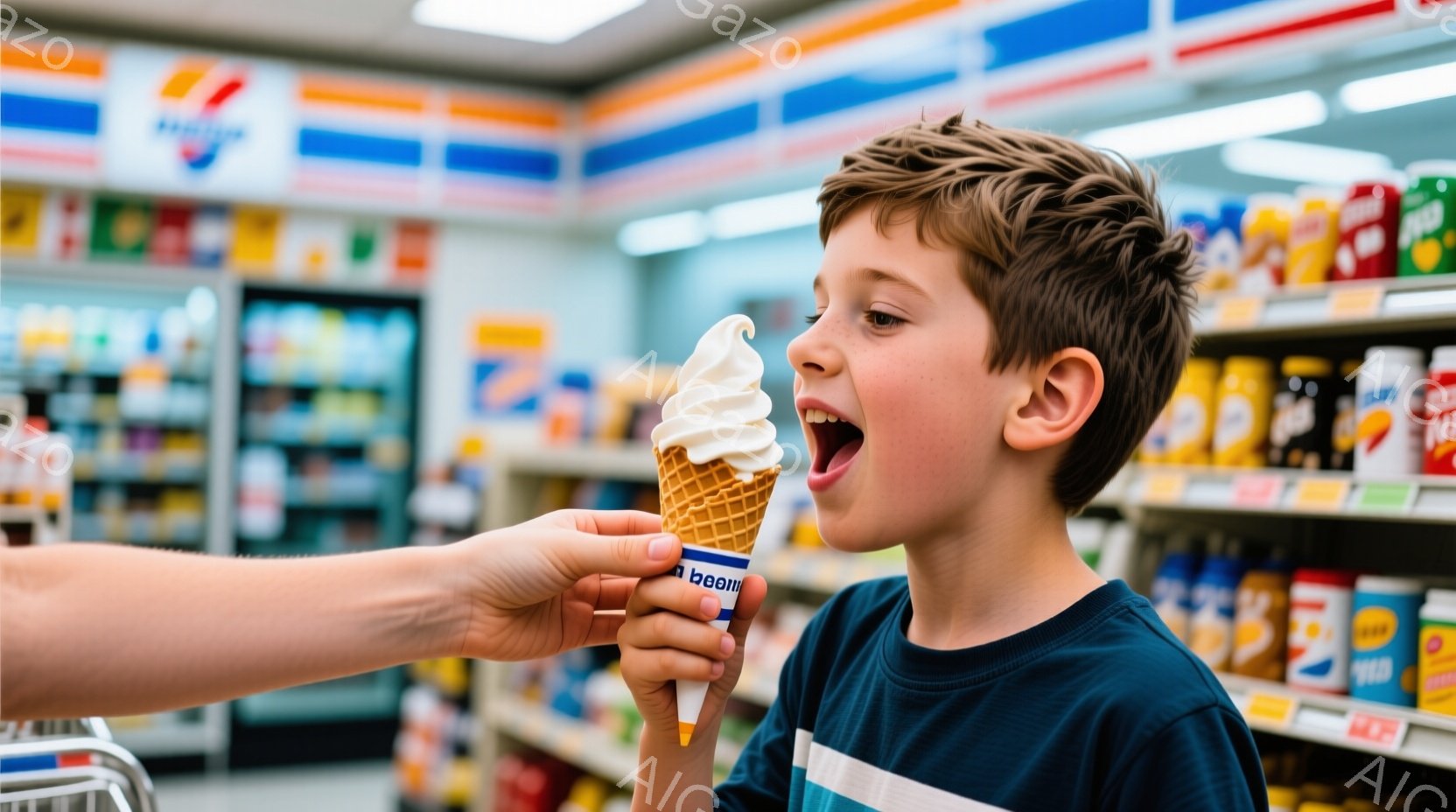 若い少年がソフトクリームを口いっぱいに頬張っている様子が写っています。少年は紺色のストライプの入ったシャツを着ており、短い茶色の髪をしています。背景はコンビニエンスストアの店内であり、様々な商品が並んだ棚が見えます。