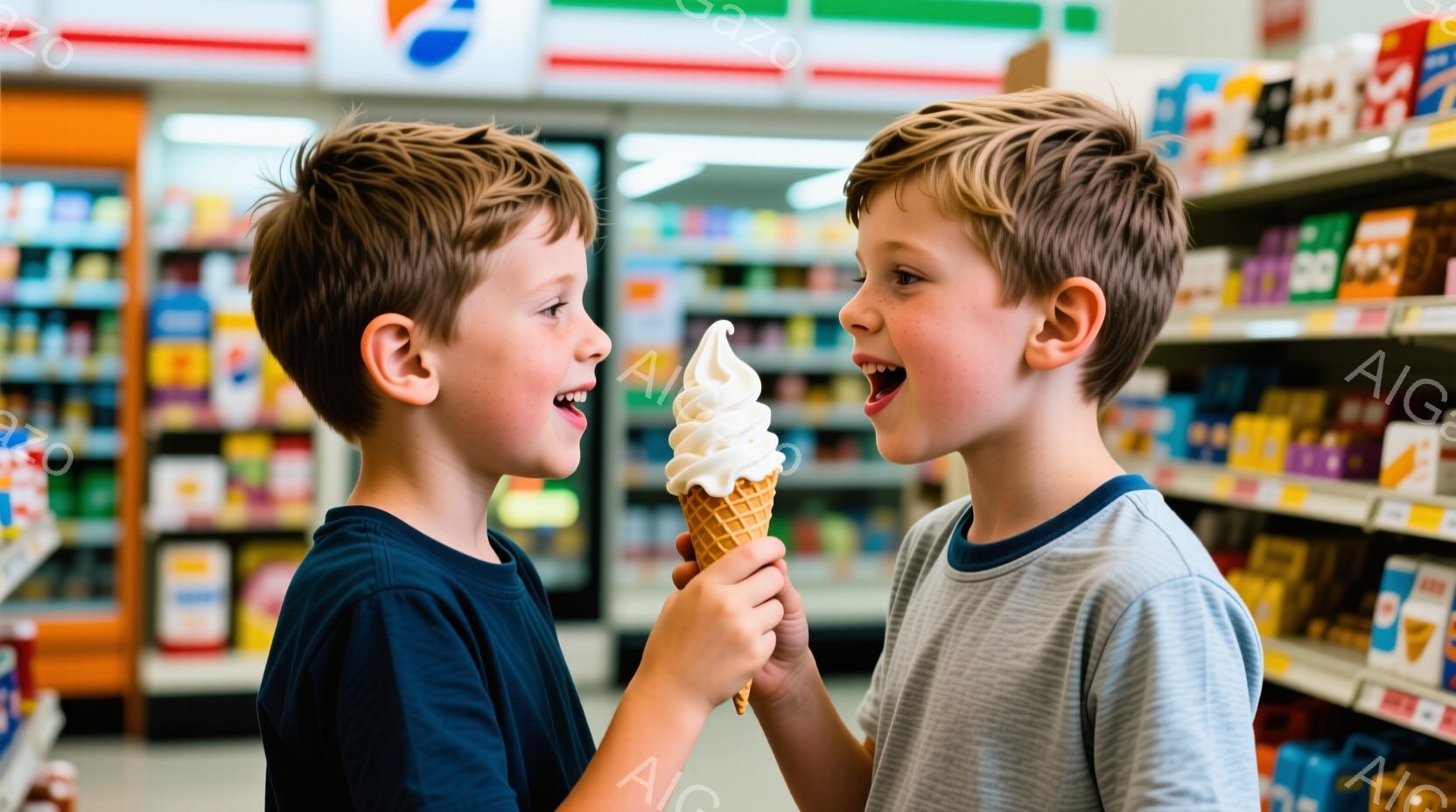 二人の少年がアイスクリームを分け合っている様子が写っている。少年たちはグレーのTシャツを着ており、どちらも笑顔でアイスクリームを見つめている。背景にはコンビニエンスストアの棚があり、商品が並んでいるのが見える。