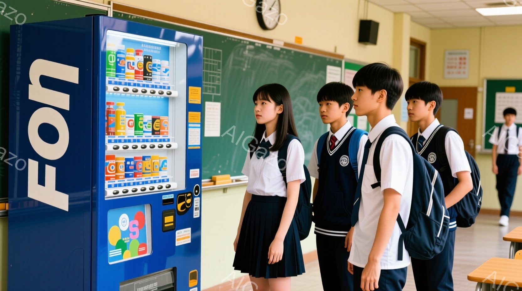 制服を着た女子高生と男子高校生が自動販売機の前で立っている。女子高生は黒髪で、紺色のブレザーとスカートを着用し、少し上目遣いをしている。男子高校生は短髪で、同じ制服を着ており、自動販売機の画面を見ているようで、背景には教室の壁と机があり、学校の日常的な雰囲気が漂っている。