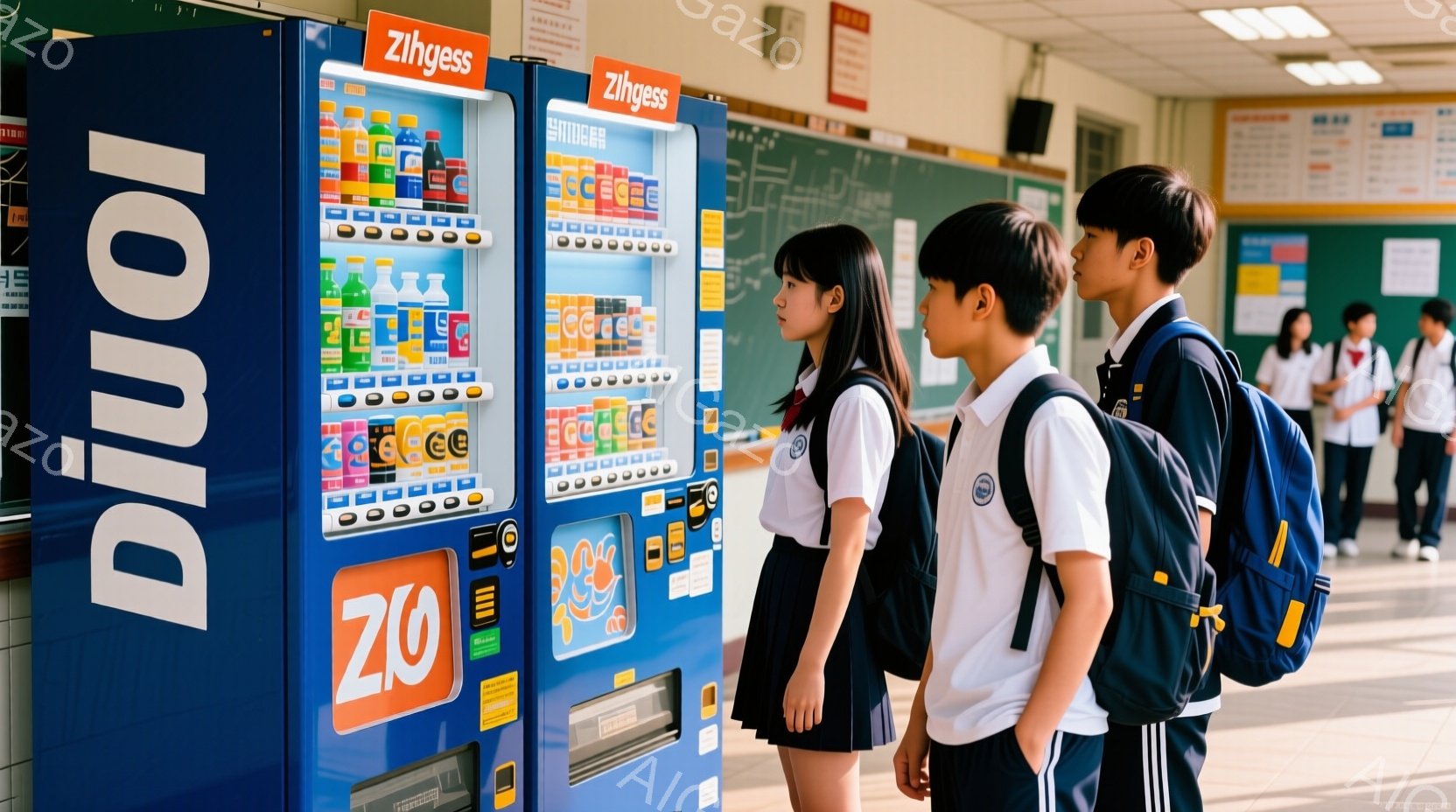 制服を着た女子生徒と男子生徒が自動販売機の前で立っている。女子生徒は黒髪で、白いブラウスと紺色のスカートを着用し、自動販売機をじっと見つめている。男子生徒は短髪で、紺色のブレザーとズボンを着用し、わずかに女子生徒の方向を向いている。