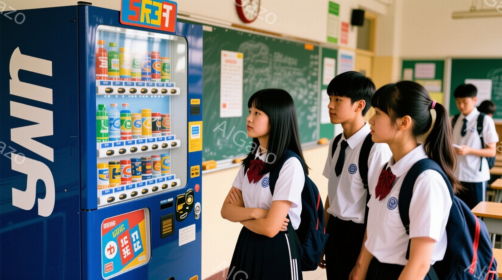 制服を着た女子高生2人と男子高生1人が自販機を見ている様子が写っています。女子高生は黒髪で、紺色のブレザーとチェックのスカートを着用し、男子高生は黒髪で、紺色のブレザーとズボンを着用しています。背景には黒板があり、学校の教室のような雰囲気で、自販機は様々な飲み物でいっぱいです。