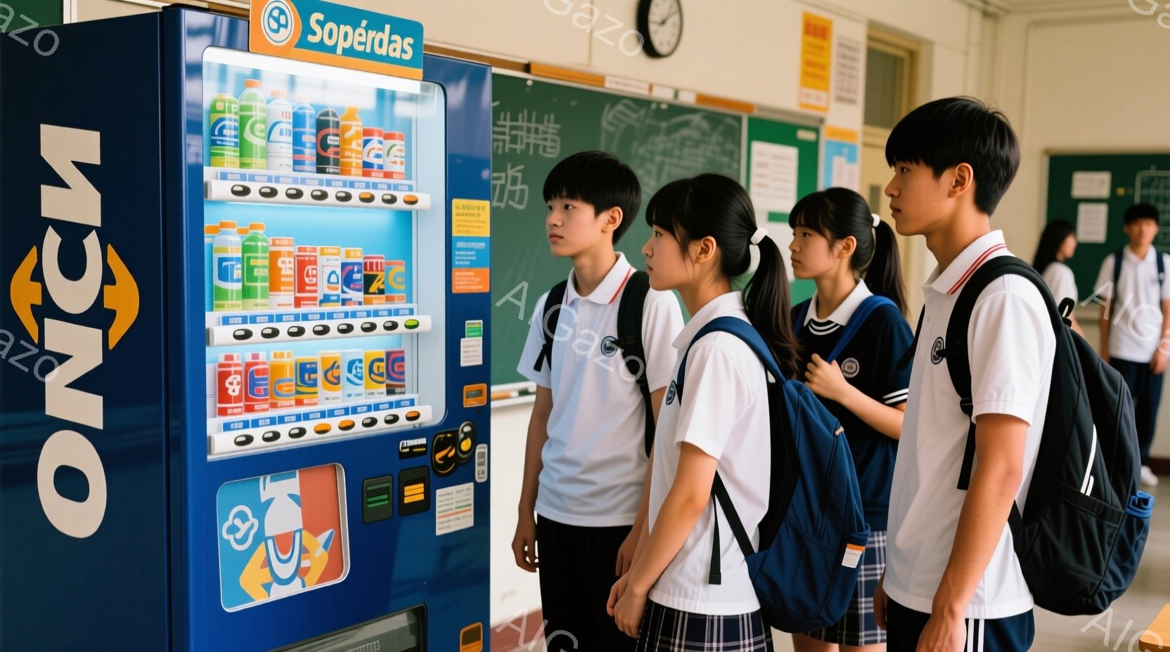 制服を着た学生たちが自動販売機を見つめている。彼らは白いシャツ、紺色のスカートまたはズボン、そして黒いリュックサックを背負っている。背景には、教室の壁と時計が見え、校内と思われる場所で、購買の準備をしている様子が伺える。
