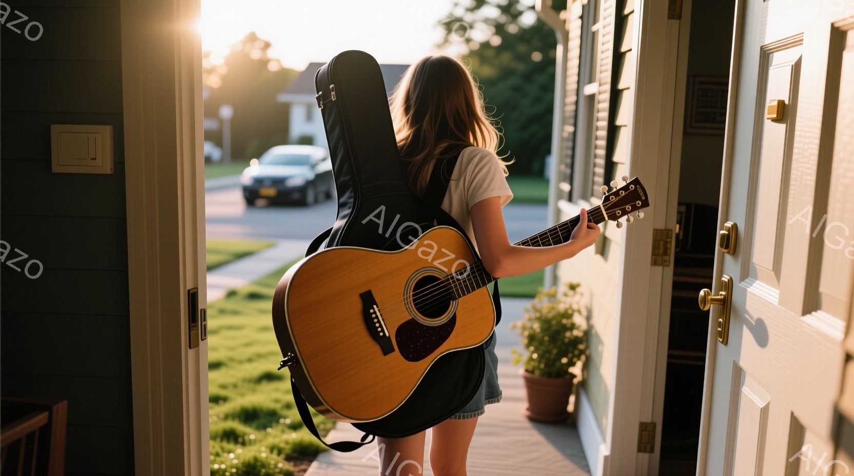 一人の女性がギターを背負って家のドアから出て行こうとしている様子が写っています。彼女は白いTシャツと短いスカートを着ており、長い髪は後ろでまとめています。背景には住宅街の風景が広がり、夕暮れ時の柔らかい光が差し込んで、暖かく穏やかな雰囲気を醸し出しています。