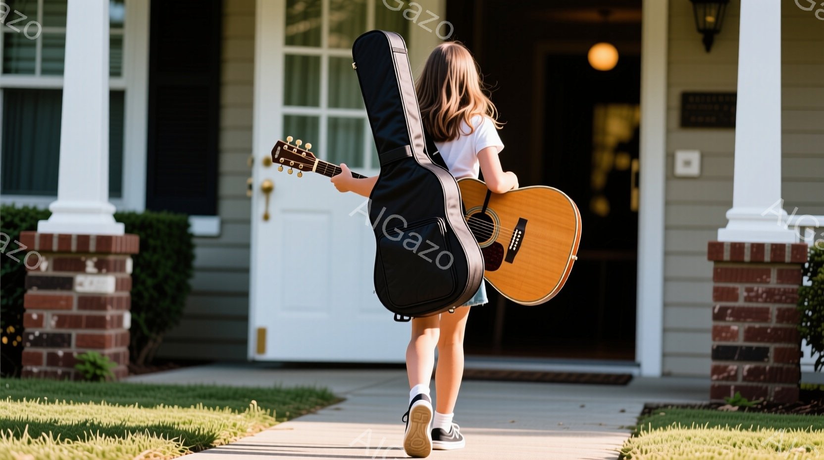若い女性がギターケースを背負って歩道を歩いている。彼女は白いTシャツとデニムのショートパンツ、スニーカーを履いており、後ろ姿のため表情は見えないが、軽快な足取りでどこかへ向かっている様子が伺える。背景には白い柱とドアを持つレンガ造りの家があり、青空の下、緑豊かな芝生が広がっている。