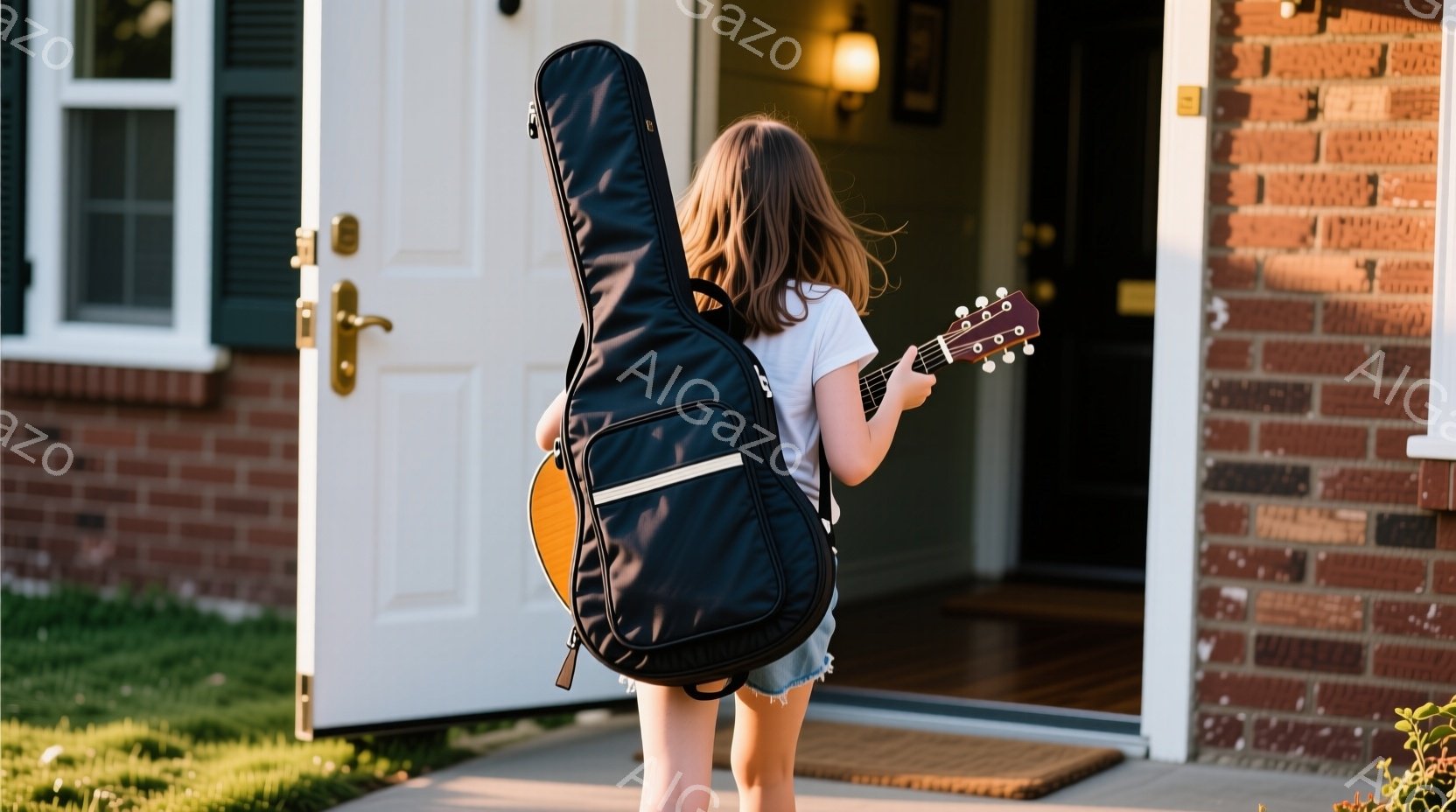 若い女性が、ギターケースを背負って家の玄関を出ようとしている後ろ姿が描かれている。彼女は白いTシャツとデニムのショートパンツを着用し、長い髪は無造作に後ろに垂らされている。背景にはレンガ造りの家と緑豊かな庭が見え、晴れた日の穏やかな雰囲気が感じられる。