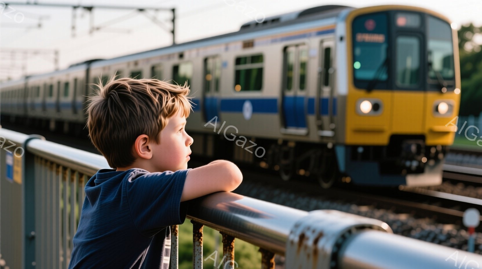 茶髪の少年が、錆びた金属製の柵に寄りかかり、遠くを眺めている。青いストライプのTシャツを着ており、少し物憂げな表情をしている。背景には、緑豊かな草地と、黄色と青の電車が写っており、晴れた空の下、穏やかで少し寂しげな雰囲気が漂う。