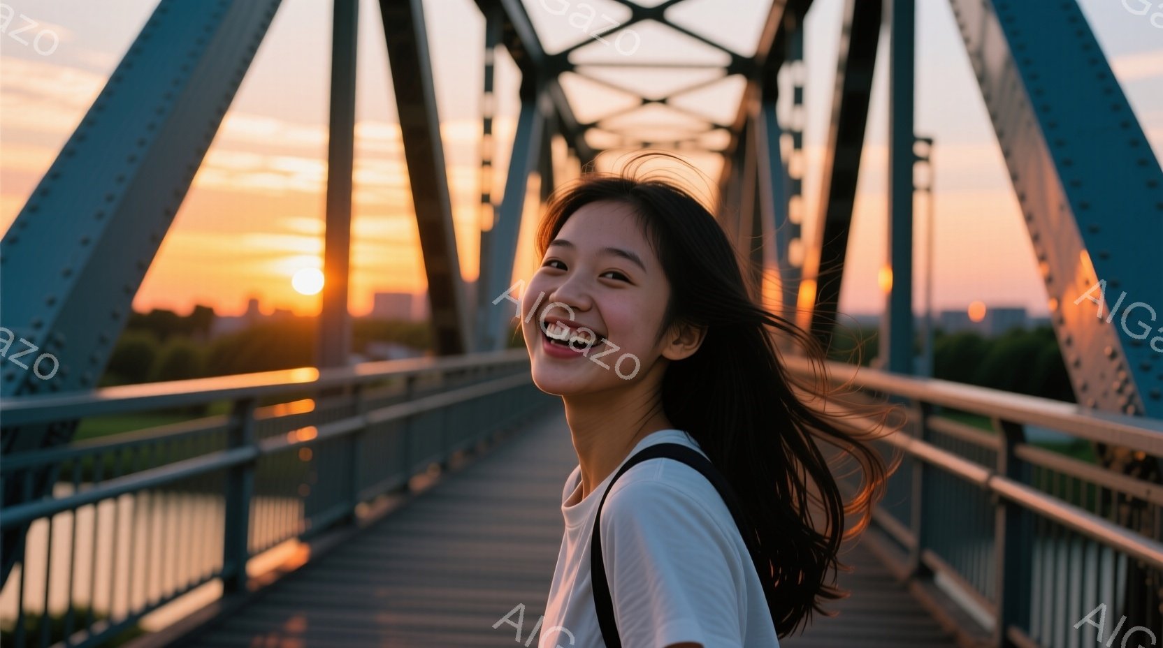 明るい笑顔を浮かべた若い女性が、橋の上を歩いている。彼女は白いTシャツを着ており、風になびく長い黒髪が印象的だ。背景には、夕焼けに染まる空と、遠くに見える街並みがあり、暖かい雰囲気を醸し出している。 - AI生成フリー素材