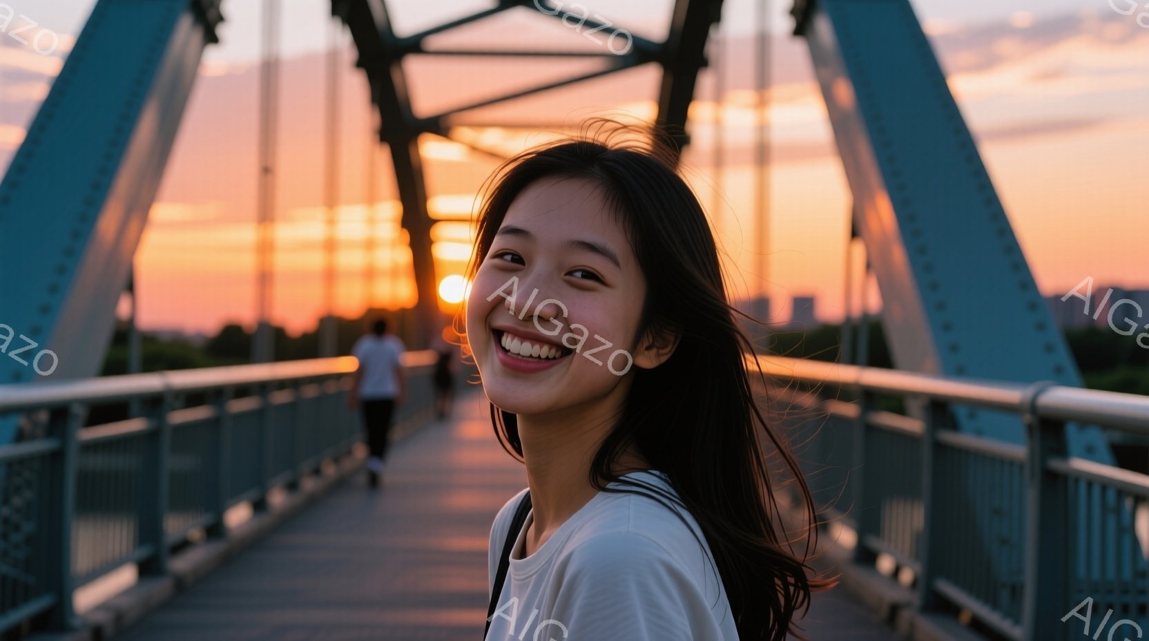 若い女性が橋の上で笑顔でカメラを見ている。彼女は白いTシャツを着ており、長い黒髪が風になびいている。背景には夕焼け空と、遠くに見える建物や緑が広がり、温かく穏やかな雰囲気が漂っている。 - AI生成フリー素材
