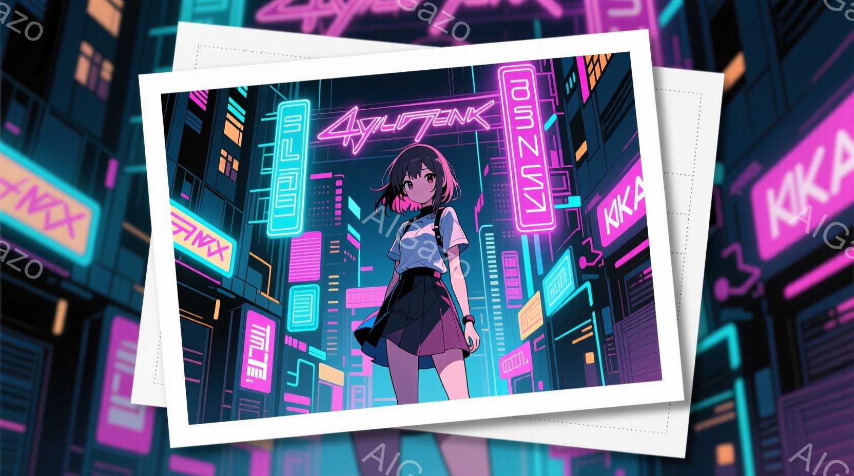 少女はネオンが輝く未来都市の通りに立っています。白いシャツに黒いミニスカート、ニーハイソックスを履いており、ポニーテールにしています。表情は少し照れくさそうですが、どこか自信に満ちており、近未来的な都市景観と相まって、活気に満ちた雰囲気を醸し出しています。