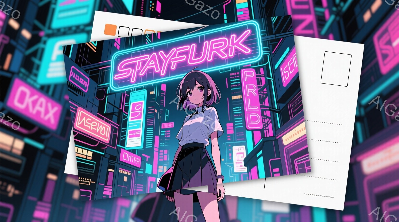 鮮やかなネオンライトが輝く未来都市を背景に、若い女性が立っている。彼女は白いTシャツと黒のミニスカート、スニーカーを着用し、ポニーテールにまとめている。表情はやや無表情で、片手を腰に当て、都会的な雰囲気を醸し出している。