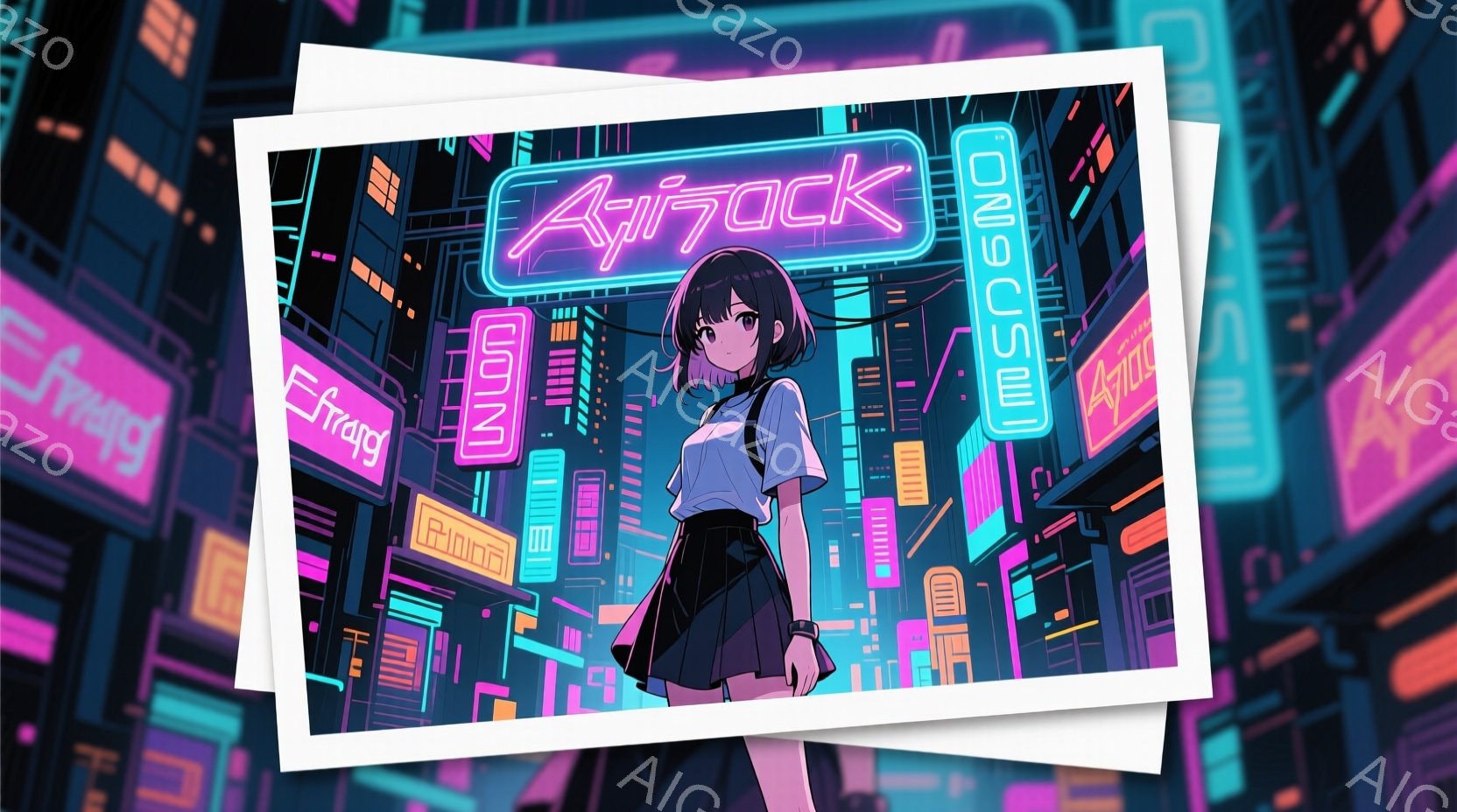 少女は白いTシャツに黒いミニスカート、そして赤い髪で描かれており、少し憂いを帯びた表情をしています。彼女は少しうつむき加減で立っており、背景にはネオンサインが輝く未来的な都市景観が広がっています。全体的に、サイバーパンク風で少し寂しげな雰囲気が漂っています。