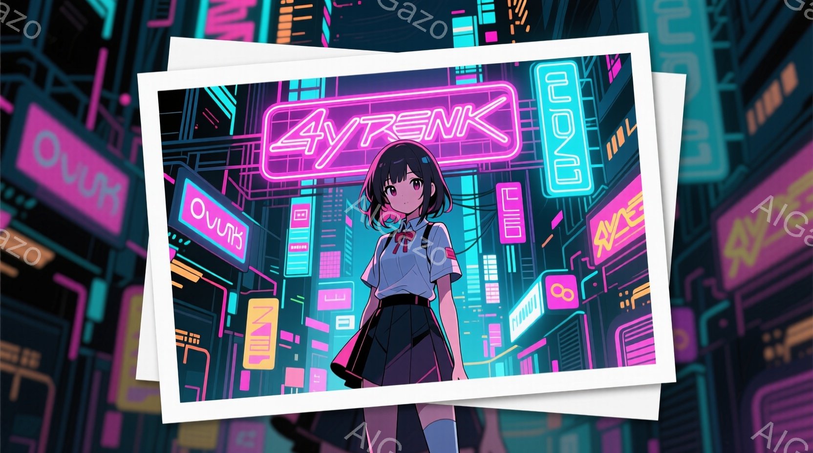 制服を着た若い女性が描かれています。彼女は黒髪で、前髪は短く、サイドの髪は長く、制服は白と黒で、スカートはプリーツになっています。背景は、ネオンサインで彩られた未来的な都市の夜景で、サイバーパンクな雰囲気が漂っています。