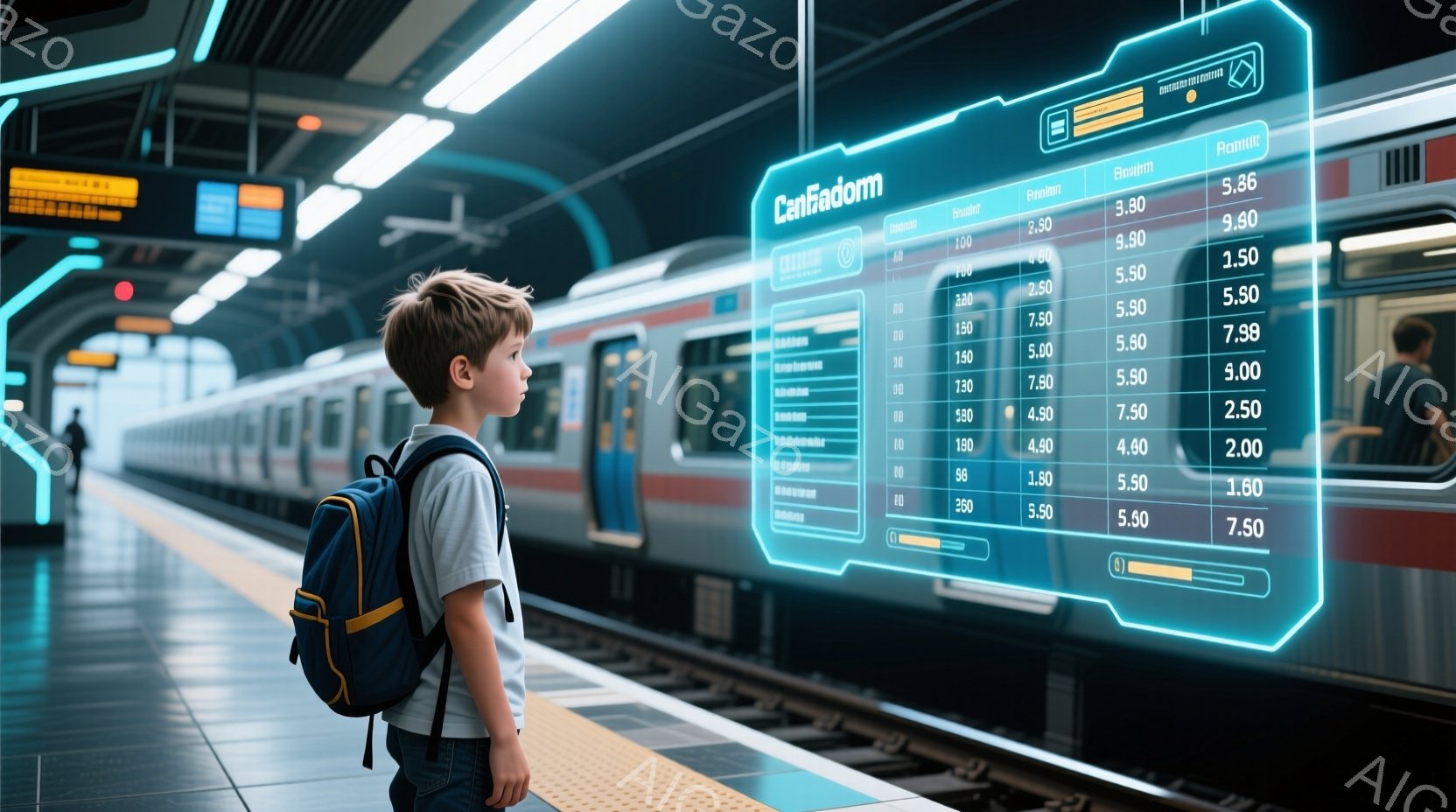 茶髪の少年がリュックサックを背負い、地下鉄のプラットフォームで何かを見つめて立っています。彼の表情はやや思慮深く、将来への期待や好奇心が感じられます。背景にはメトロの車両と、デジタル表示の時刻表が見え、未来的な雰囲気の地下鉄駅の様子が描かれています。