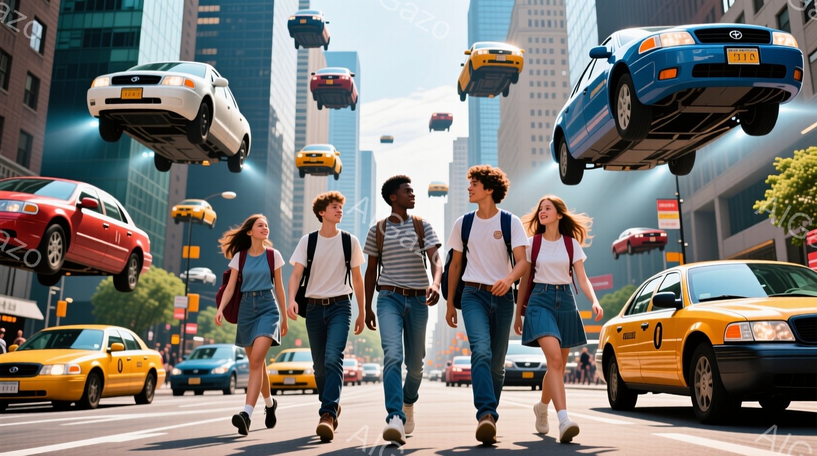 若者たちはニューヨークの街路を歩いており、皆カジュアルな服装をしています。女性は白いTシャツとデニムのスカート、男性は白いTシャツとジーンズを着用し、バックパックを背負っています。背景には高層ビルが立 - AI生成フリー素材