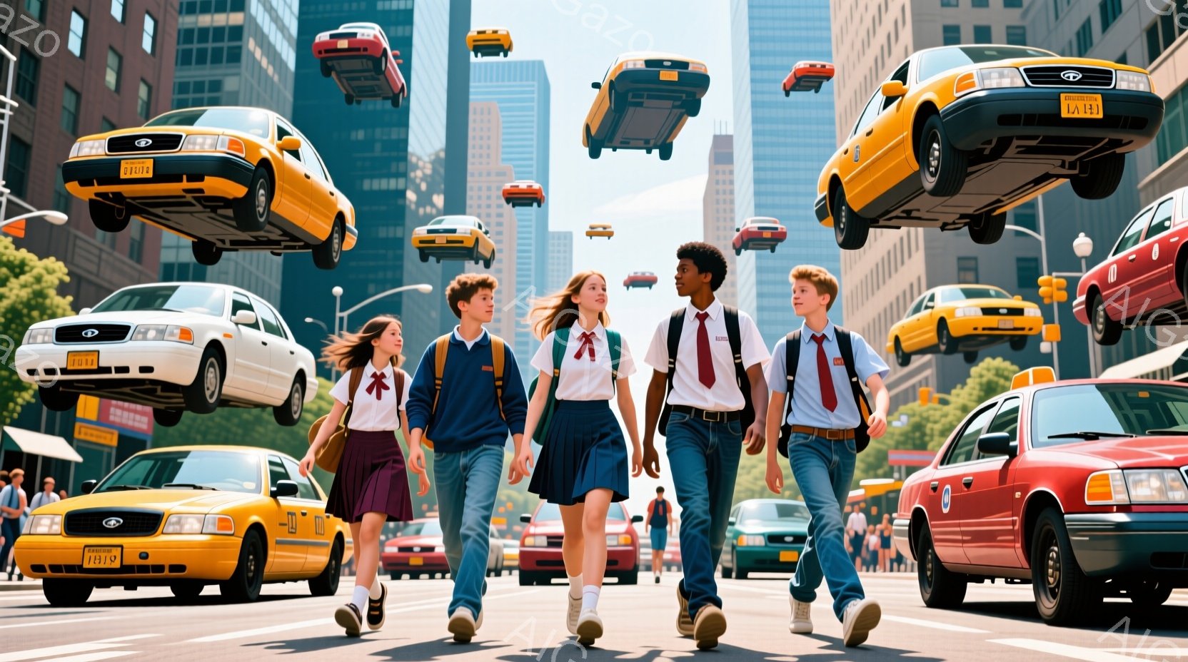 ニューヨークの街を背景に、制服を着た4人の学生が道路を横断している様子が描かれている。学生たちは皆、明るい表情で前方を向き、歩きながらリラックスした姿勢を見せている。背景には高層ビルが立ち並び、空には - AI生成フリー素材