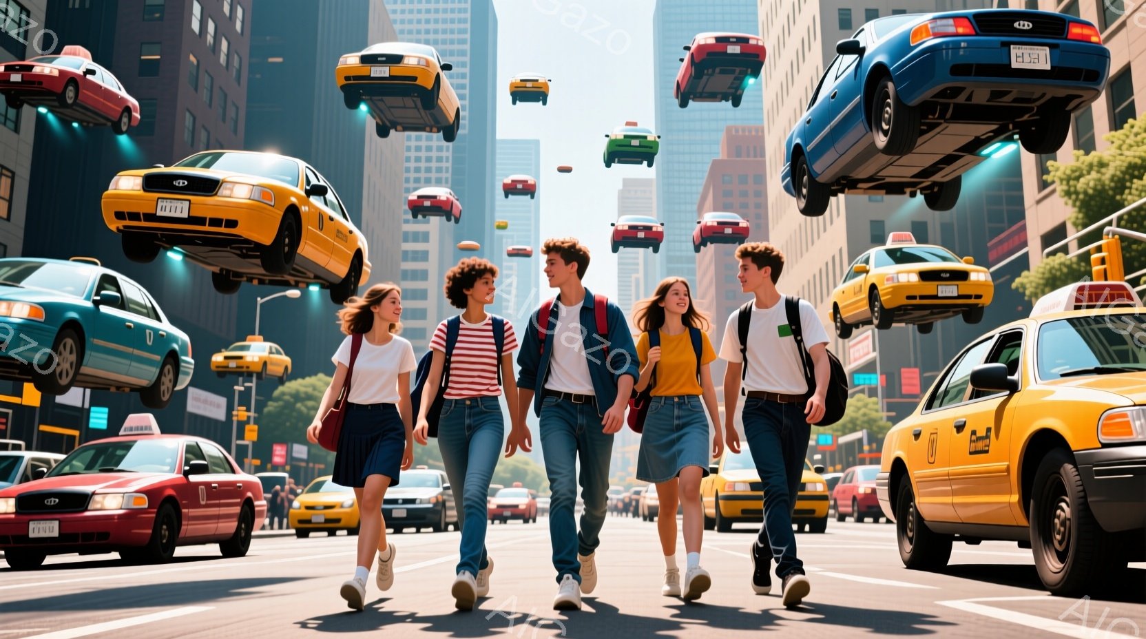 ニューヨークの道路を四人の若者が歩いている様子が描かれている。彼らは皆カジュアルな服装で、Tシャツ、ジーンズまたはショートパンツを着用し、リュックサックを背負っている。背景には高層ビルが立ち並び、空にはタクシーが浮遊しており、非現実的な雰囲気を醸し出している。