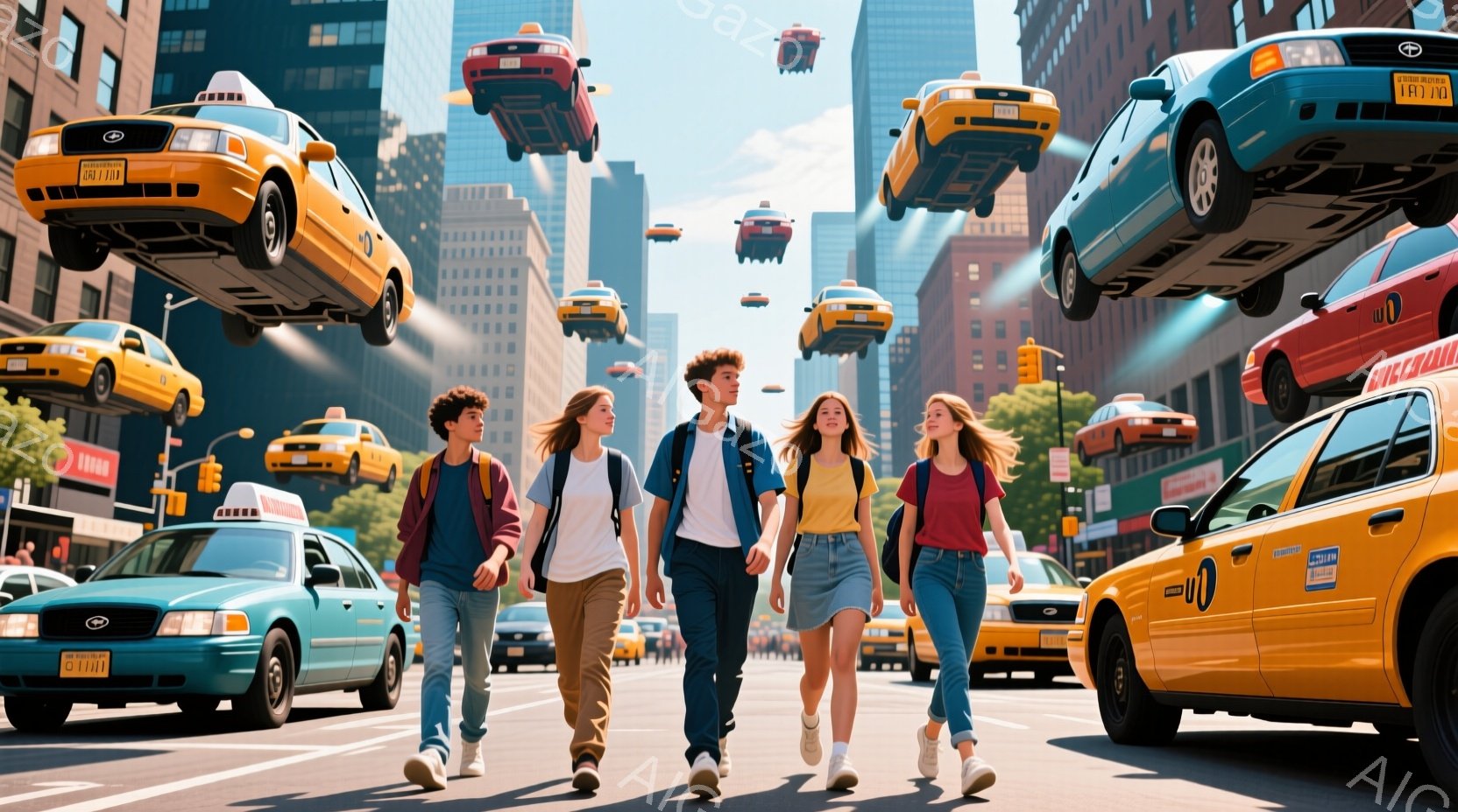 ニューヨークの街を舞台に、4人の若者が歩いている様子が描かれている。彼らは皆、バックパックを背負い、カジュアルな服装で、リラックスした表情で歩いている。背景には高層ビルが立ち並び、空にはタクシーが浮遊しており、奇妙でありながらも活気のある雰囲気を作り出している。