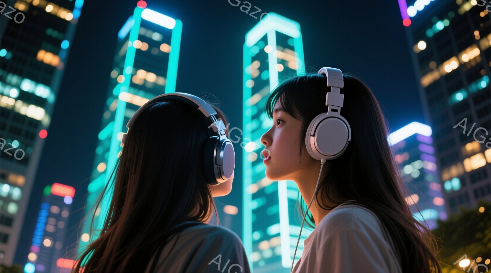 長い黒髪の女性がヘッドホンを着用し、横を向いて街並みを眺めている。彼女たちは白いシャツを着ており、背景にはネオンライトで輝く高層ビル群がそびえ立っている。全体的に、夜の都会の静けさと、音楽に没頭する雰囲気が漂う。