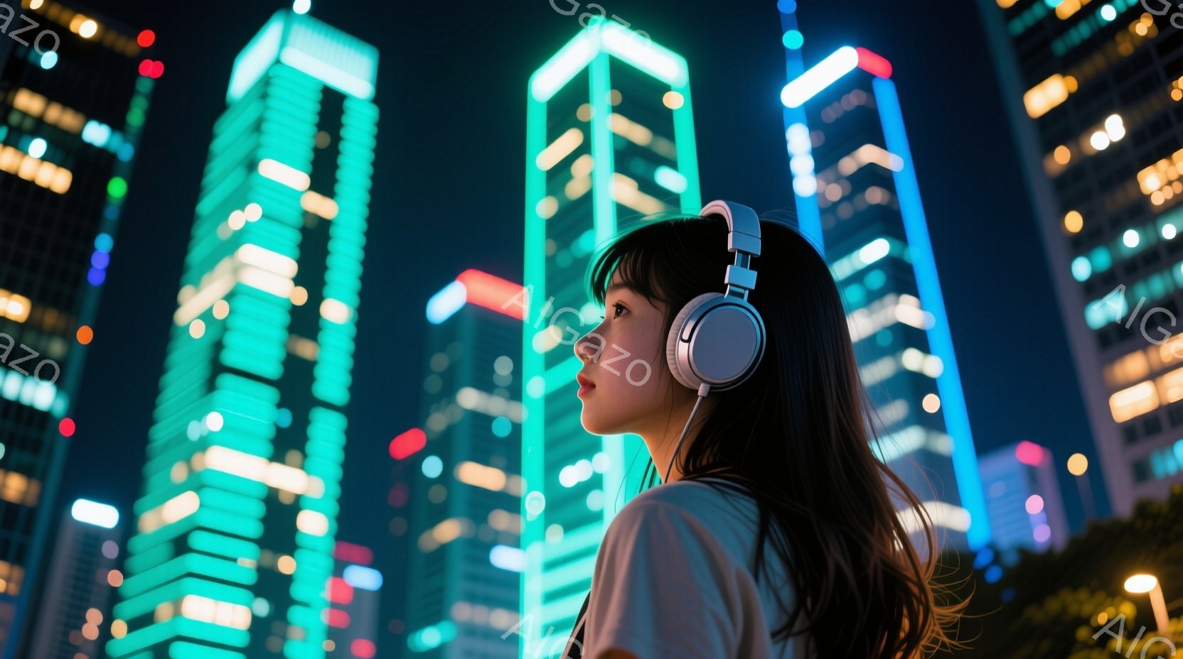 街の夜景を背景に、ヘッドホンを装着した若い女性が横を向いて立っている。彼女は白いTシャツを着ており、黒髪が風になびいている。背景には、ネオンライトで照らされた高層ビル群が立ち並び、活気と未来的な雰囲気 - AI生成フリー素材