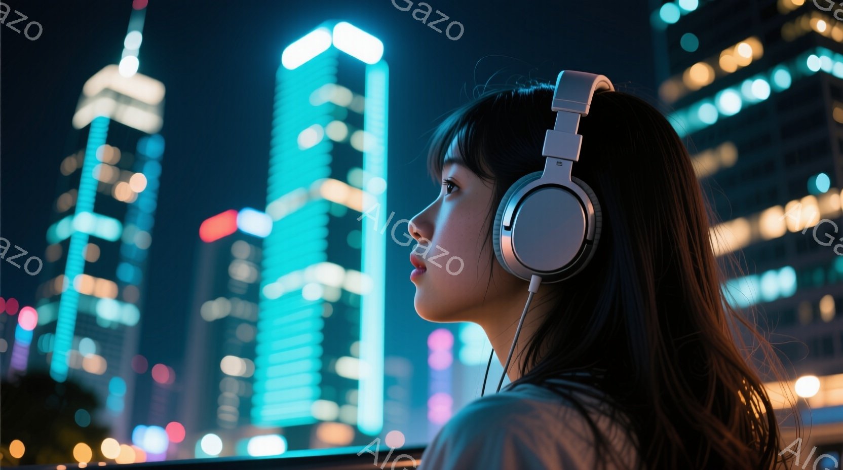 長い黒髪の女性がヘッドホンをつけて夜景を見つめている。彼女は肩から見える赤い服を着ており、横顔は穏やかで少し憂いを帯びている。背景には、ネオンライトで輝く高層ビル群が広がり、都市の夜の喧騒と静寂が混ざり合った雰囲気を醸し出している。