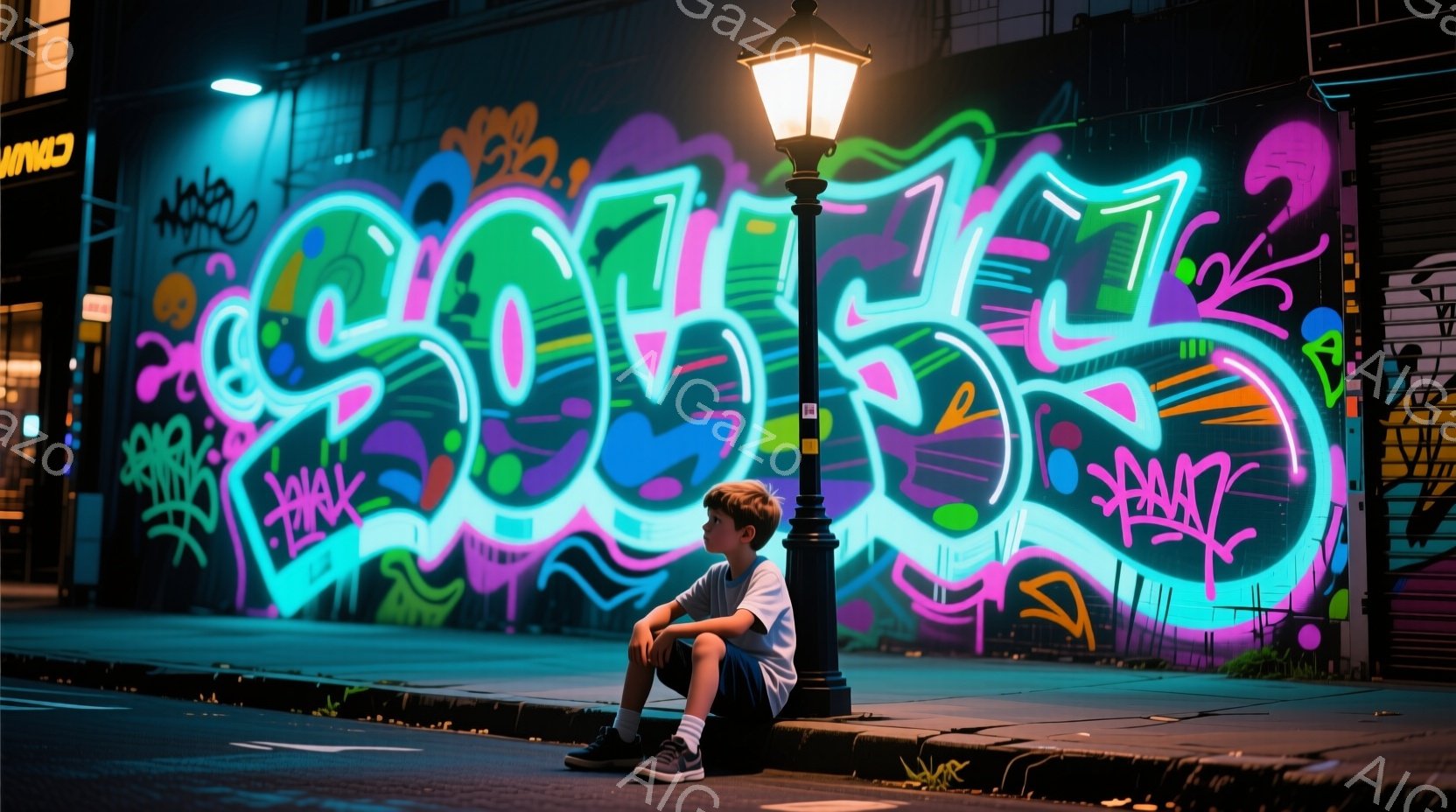 若い少年が、カラフルな落書きが描かれた壁の前で、歩道に座っている。彼は白いTシャツと黒いズボンを着用し、短い茶色の髪をしている。背景には、夜の街並みと、路地に設置された緑色の街灯が見え、全体的に夜の静寂と都会の活気が混ざり合った雰囲気が漂う。