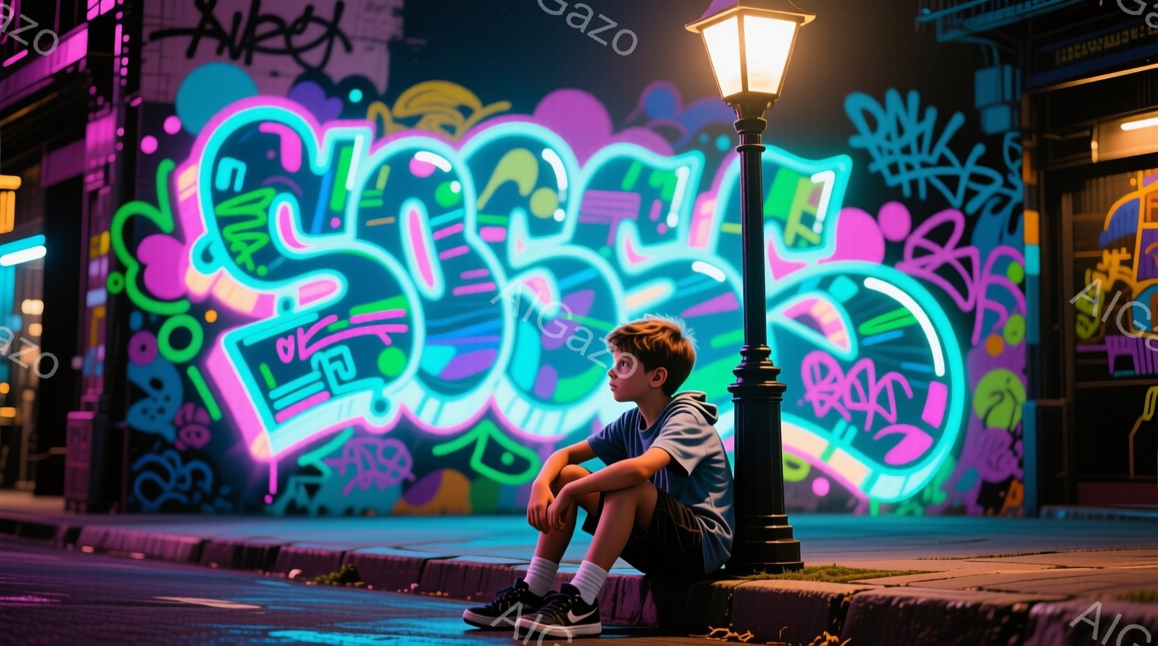 若い少年が、カラフルな落書きが描かれた壁の前に座っている。彼は紺色の短パンと黒いTシャツを着ており、黒いスニーカーを履いている。表情は少し物憂げで、膝を抱えて座っており、背景には街灯が灯り、夜の静けさが感じられる。
