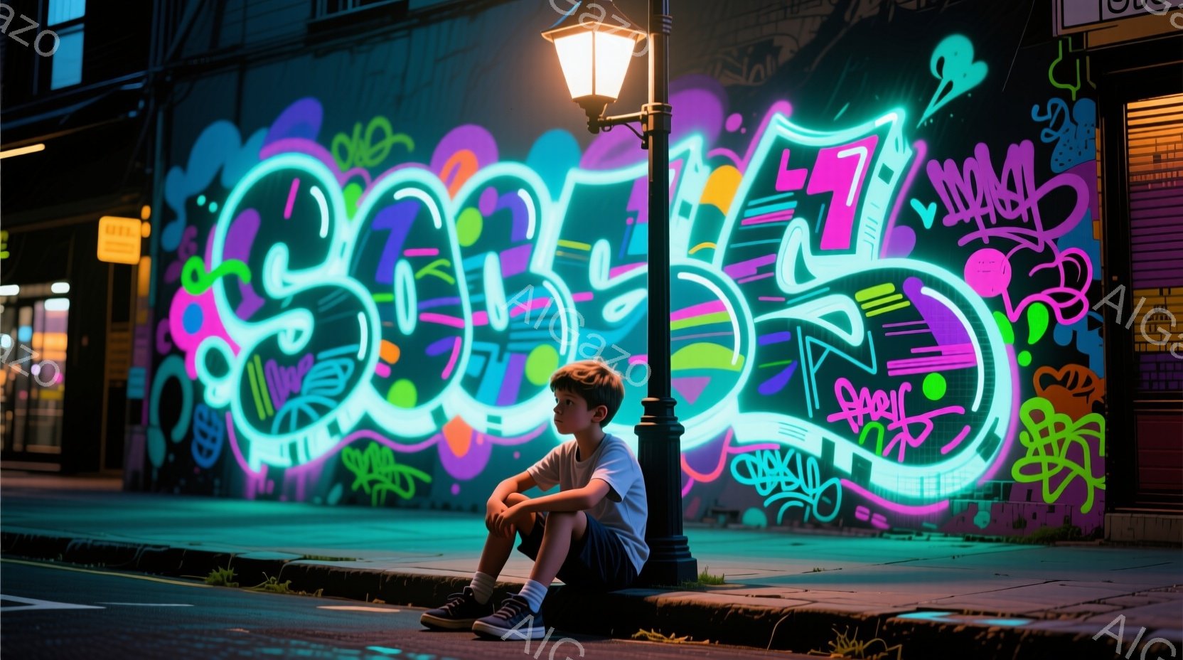 若い少年が、カラフルなグラフィティが描かれた壁の前で、膝を抱えて座っている。少年は、濃い茶色の短い髪で、カジュアルなTシャツ、ジーンズ、そしてスニーカーを身に着けており、どこか物憂げな表情をしている。背景には暗い夜の街並みが広がり、路面は濡れており、街灯がぼんやりと光を放っている。