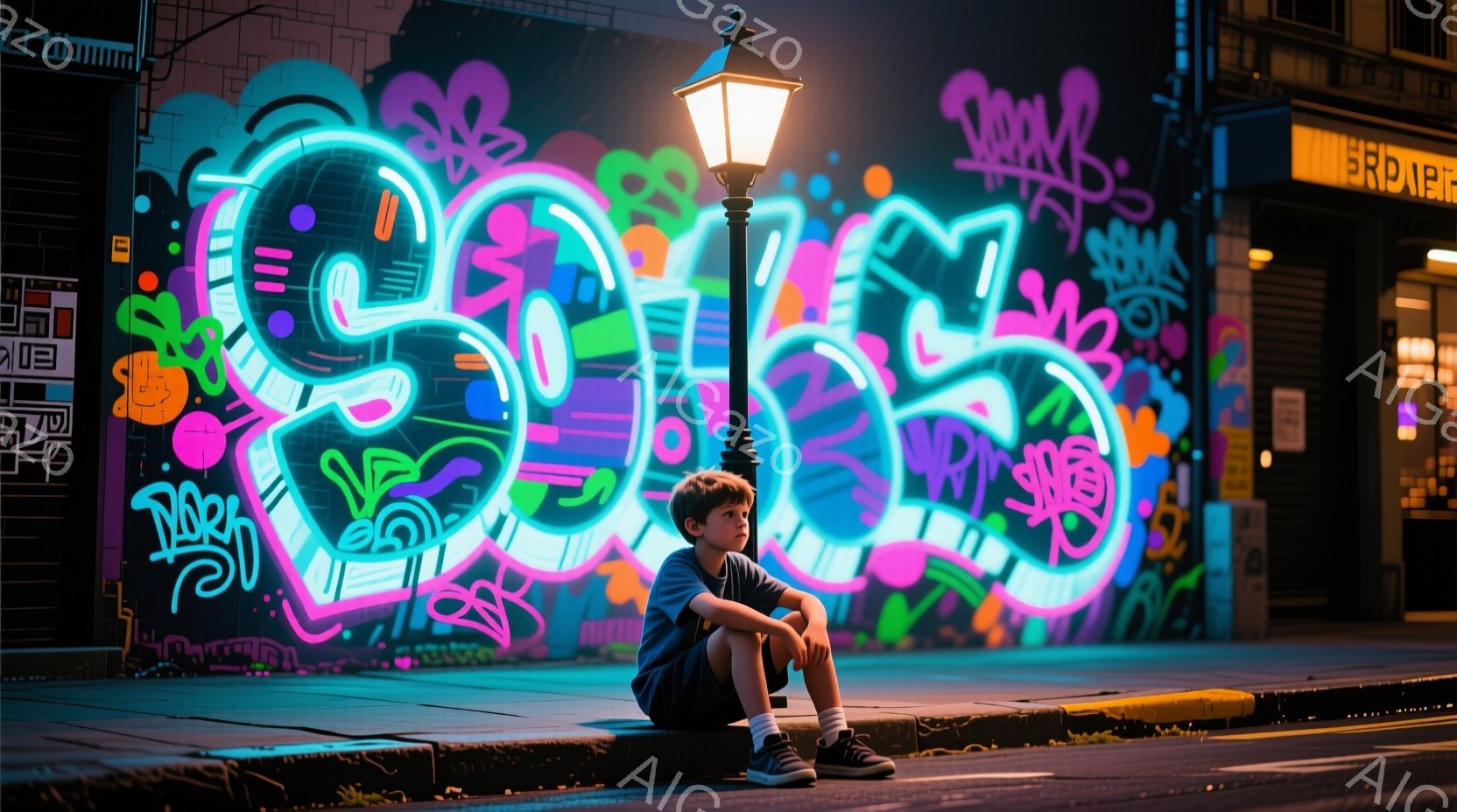 若い少年が、鮮やかなグラフィティが描かれた壁の前で、膝を抱えて座っている。彼は青いTシャツ、短い茶色の髪、そしてスニーカーを履いており、少し憂鬱そうな表情をしている。夜の街並みで、壁のネオンカラーのグ - AI生成フリー素材