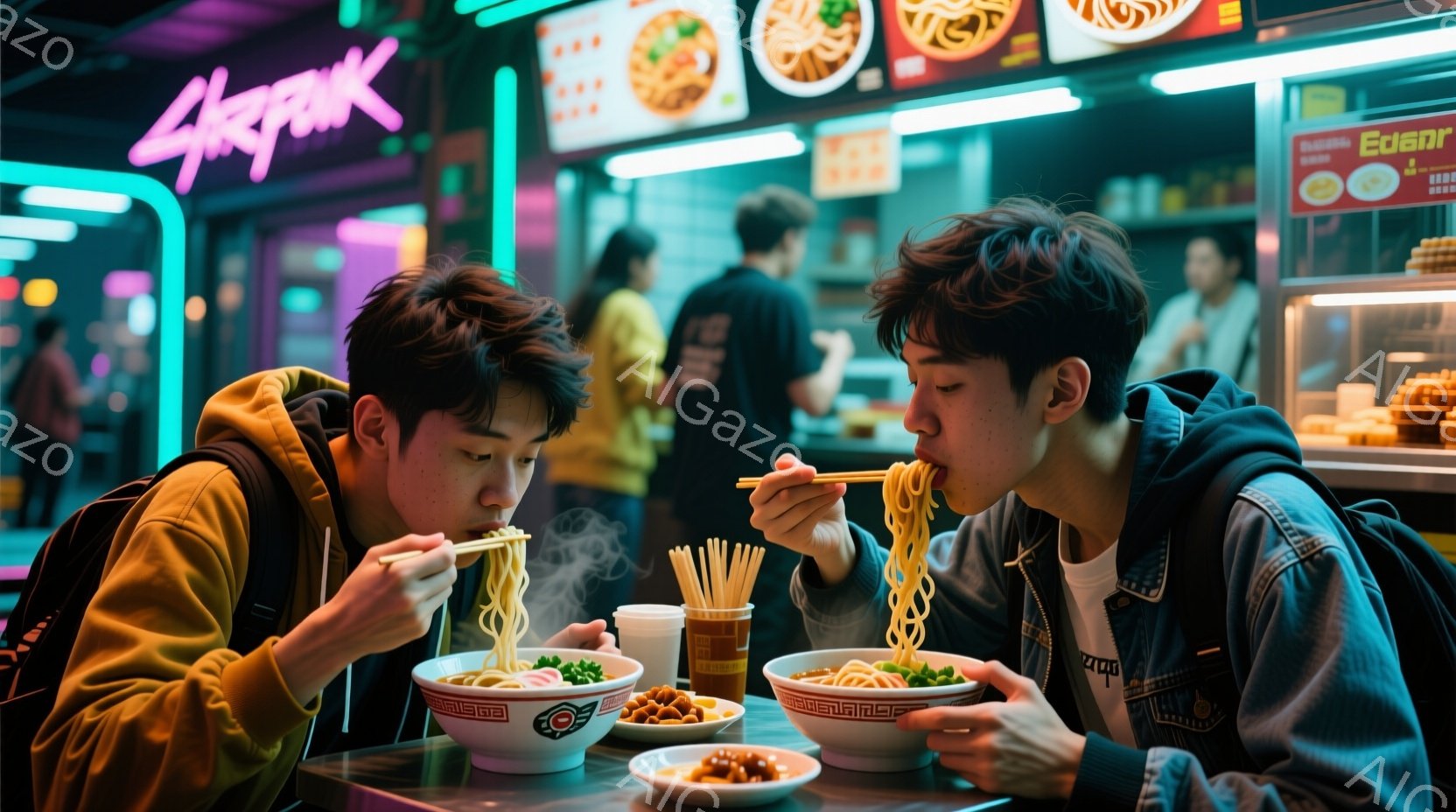 二人の若い男性がラーメンを食べている写真です。鮮やかな黄色のジャケットと黒いリュックを背負った男性と、黒いジャケットを着た男性は、熱いラーメンに集中して取り組んでいます。背景には、ネオンサインが輝く屋台が並び、活気のある夜の街の雰囲気が漂っています。