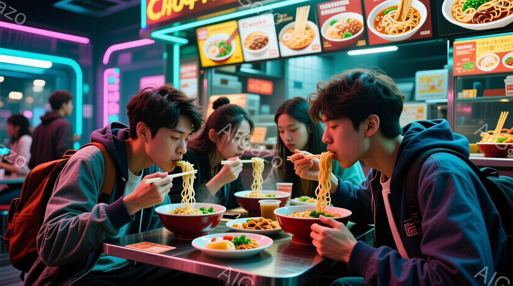 4人の若者がカウンター席でラーメンを食べている様子が描かれている。彼らは皆カジュアルな服装で、それぞれ異なる髪型をしているが、集中して食事を楽しんでいる表情が見て取れる。背景にはラーメンのメニューと明るい照明があり、活気のある大衆食堂のような雰囲気である。