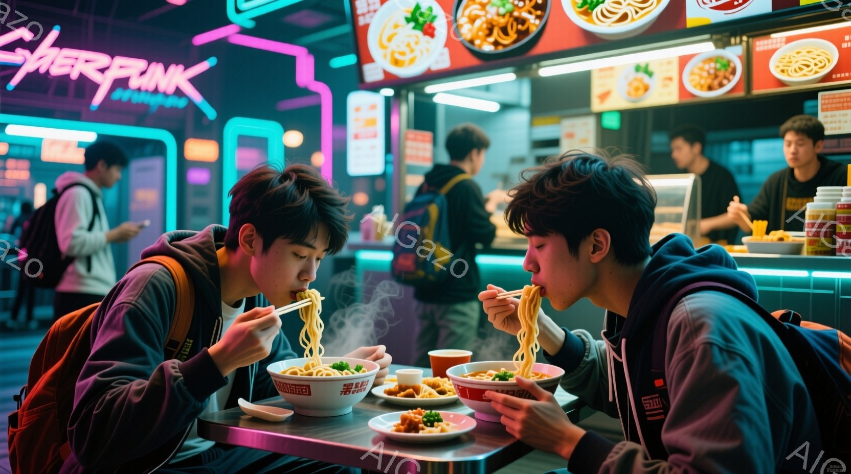 画面には、屋台でラーメンを食べる二人の若い男性が映っている。彼らはどちらもリュックを背負い、カジュアルな服装で、熱いラーメンを嬉しそうに食している。背景には、ネオンサインが輝く賑やかな都市の夜景が広がり、活気のある雰囲気が感じられる。