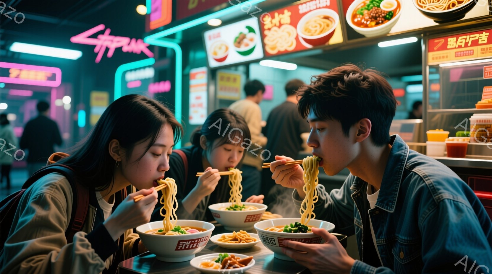 3人の若い女性と男性が、湯気が立ち上るラーメンを食べている様子が写っている。彼らは皆、カジュアルな服装で、女性は茶色の長い髪、男性は黒髪で、真剣な表情で食事に集中している。背景には、ネオンサインが輝き、様々な料理の写真が並んだ屋台があり、夜の賑やかな都市の雰囲気が伝わってくる。