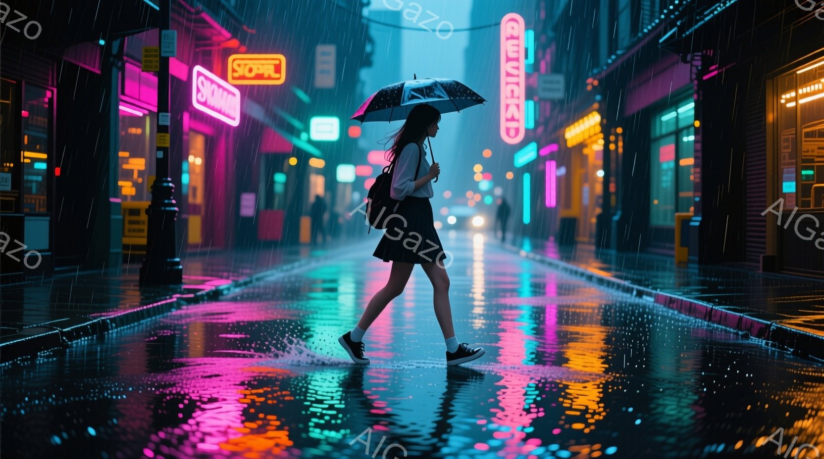 雨の夜の街を、傘をさした若い女性が歩いている。彼女は黒いミニスカート、白いトップス、スニーカーを履いており、肩にリュックサックを背負っている。背景にはネオンサインが輝く建物が並び、濡れた路面に光が反射して幻想的な雰囲気を醸し出している。