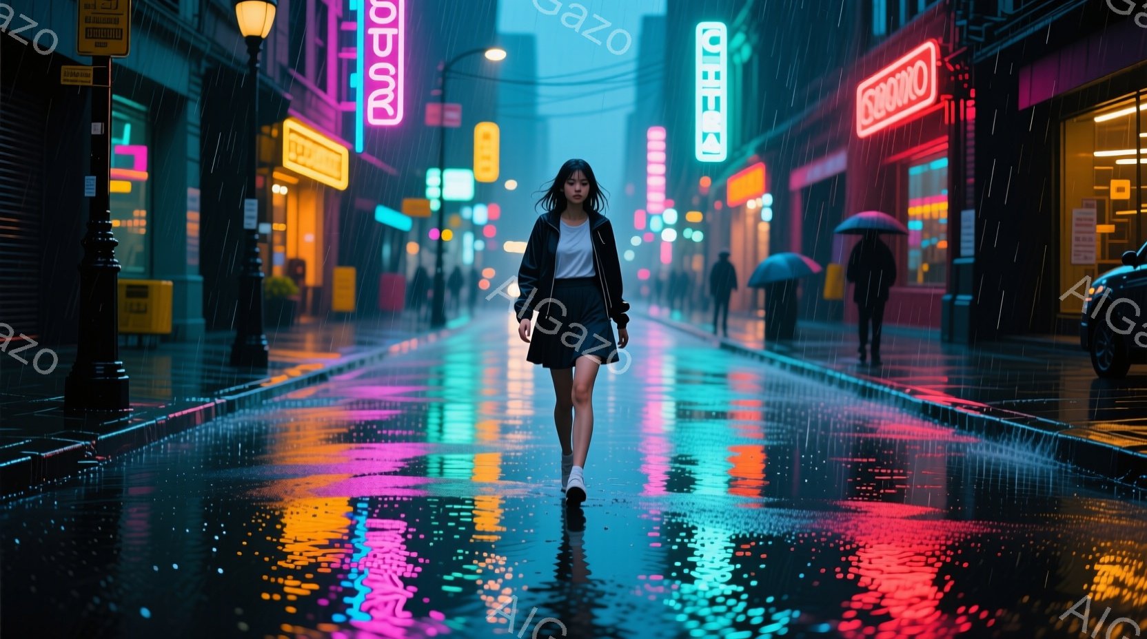 夜の街を歩く一人の女性が写っている。彼女は黒いジャケットとミニスカートを着用し、長い黒髪はストレートに伸びている。背景にはネオンサインが輝き、雨に濡れた路面が光を反射して幻想的な雰囲気を醸し出している。