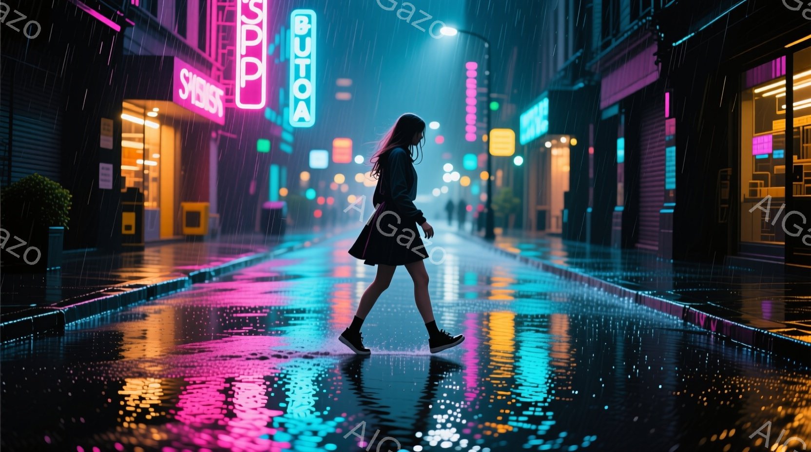 濡れた路面に光が反射し、ネオンが輝く夜の街を、黒いワンピースを着た女性が歩いている。彼女はロングヘアで、前かがみになりながら、どこか寂しげな雰囲気を漂わせている。背景には、商店やレストランが並び、雨が降りしきる夜の街並みが広がっている。