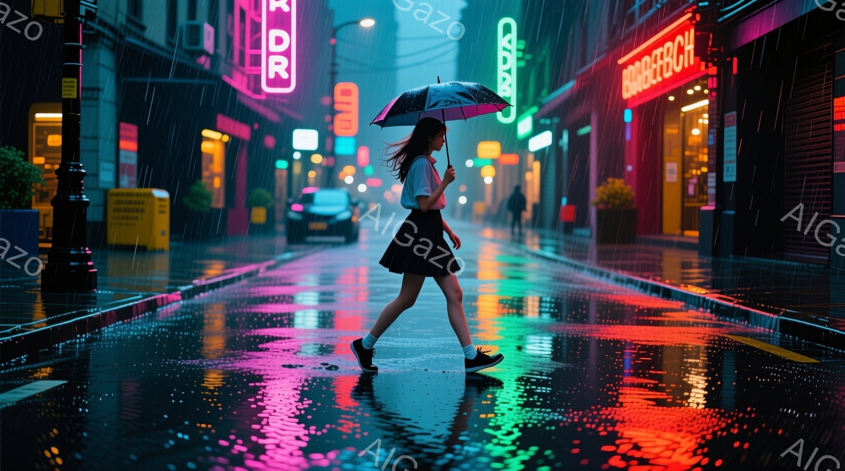 雨の夜の街を、傘をさした若い女性が歩いている。彼女は白いトップスと黒いスカートを身に着け、長い髪を後ろでまとめており、リラックスした様子で歩いている。背景にはネオンサインが輝き、濡れた道路に鮮やかな光 - AI生成フリー素材