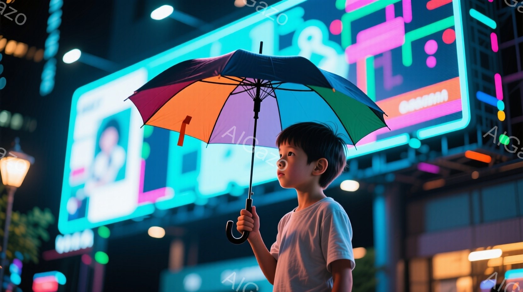 男の子は白いTシャツを着て、カラフルな雨傘を手にしています。彼は少し上を見上げており、真剣な表情をしています。背景にはネオンライトで輝く建物があり、夜の都会の雰囲気を醸し出しています。 - AI生成フリー素材