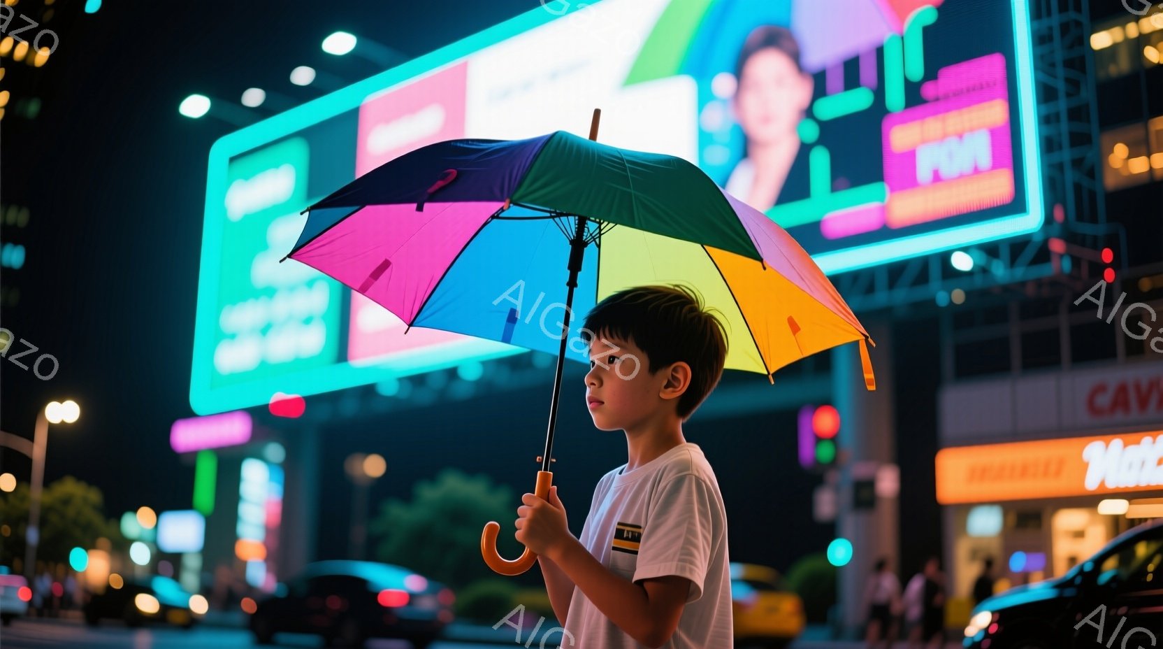 若い少年がカラフルな虹色の傘を手に、街路に立っている。彼は白いTシャツを着ており、短く刈り込んだ髪をしている。背景には、明るいネオンサインが並ぶ高層ビル群と、ぼやけた車のライトが見え、夜の賑やかな都市 - AI生成フリー素材