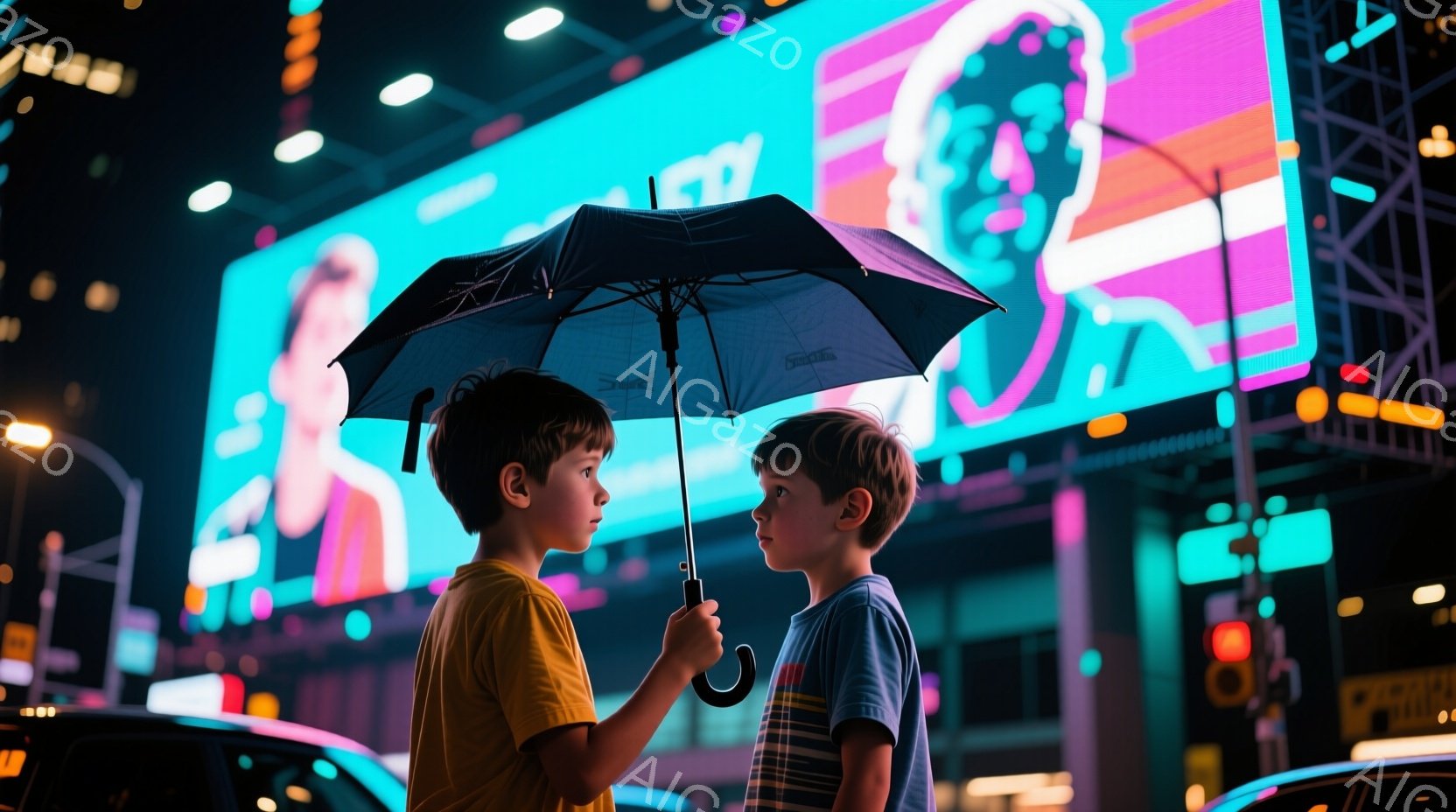 2人の少年が、夜の街で雨の中、傘をさして立っている。一人は黄色いTシャツを着ており、もう一人は縞模様の青いTシャツを着ている。背景にはネオンサインが輝き、雨に濡れたアスファルトが光を反射し、活気ある都市の雰囲気を醸し出している。