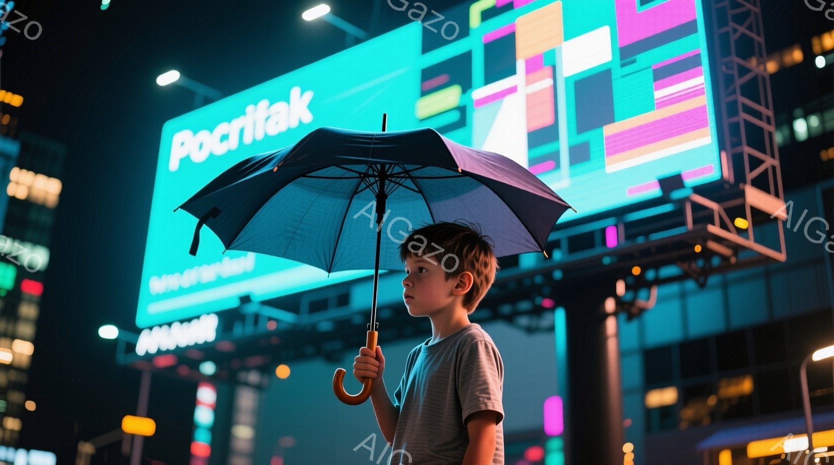 男の子は灰色のTシャツを着て、雨の日には黒い傘をさしています。彼は少し上を見上げており、少し考え込んでいるような表情をしています。背景にはネオンサインが輝く夜の街並みが広がっており、雨の夜の都会的な雰囲気を醸し出しています。
