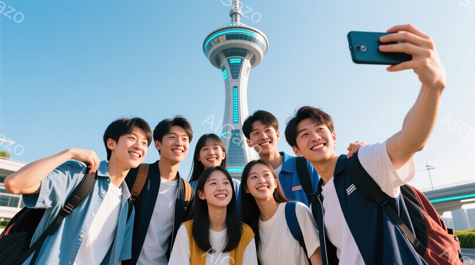 6人の若者が、青い空を背景に、高層の建物（おそらく展望台）の前でセルフィーを撮っています。彼らは皆カジュアルな服装で、デニムジャケットや白いTシャツを着ており、笑顔でカメラに向かってポーズを取っていま - AI生成フリー素材