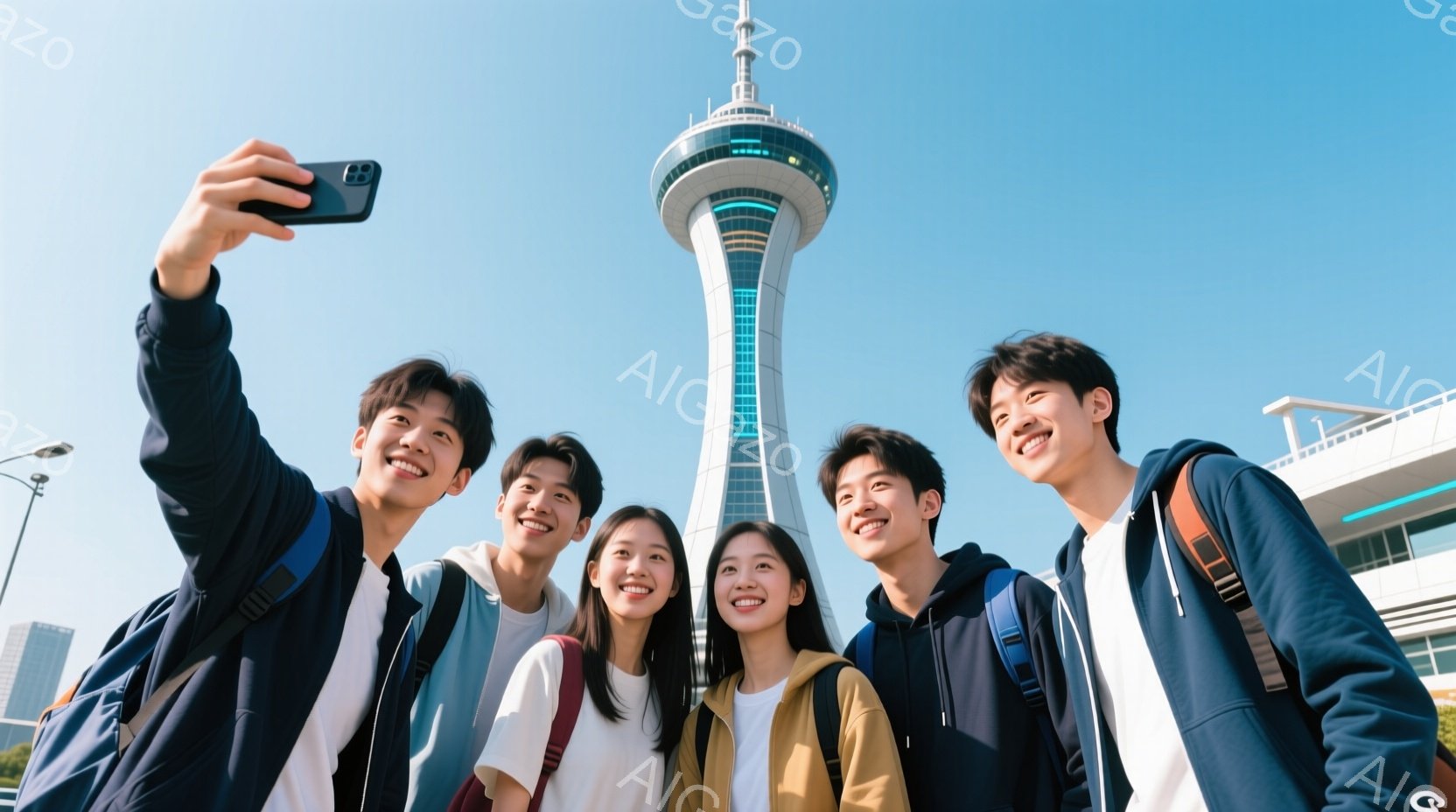 5人の若い男女が、背後にそびえ立つタワーを背景に自撮り写真をとっています。彼らは皆カジュアルな服装で、バックパックを背負っており、笑顔でカメラに向かっています。晴れた空と近代的な建物が背景にあり、若々 - AI生成フリー素材