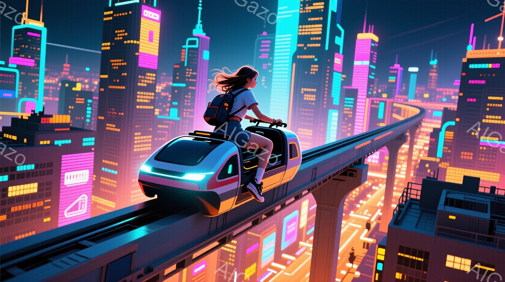 未来都市のモノレール上を走る女性が描かれています。彼女は白いTシャツとショートパンツを着用し、黒いバックパックを背負っています。背景にはネオン輝く高層ビル群が広がり、サイバーパンクな雰囲気と夜の街の活気を感じさせます。
