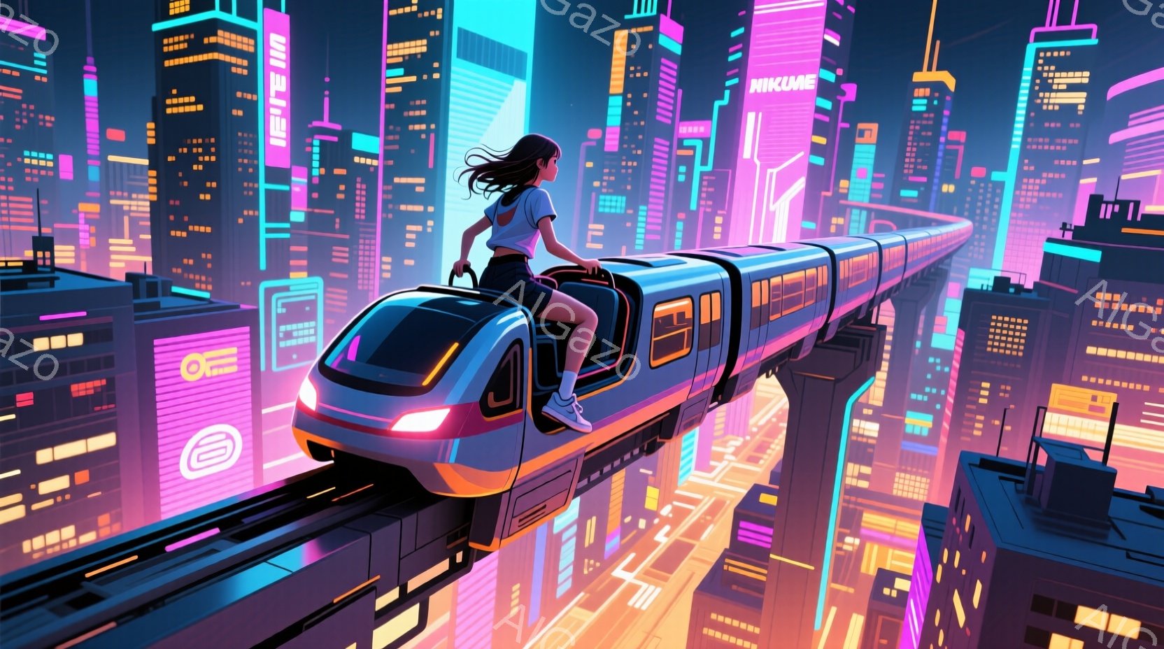若い女性が未来的な高架鉄道の車両の上に乗っている。彼女は白いトップスとスニーカーを履き、黒髪を後ろでポニーテールにしている。背景にはネオンカラーで彩られた高層ビル群が立ち並び、活気に満ちた近未来都市の夜景が広がっている。