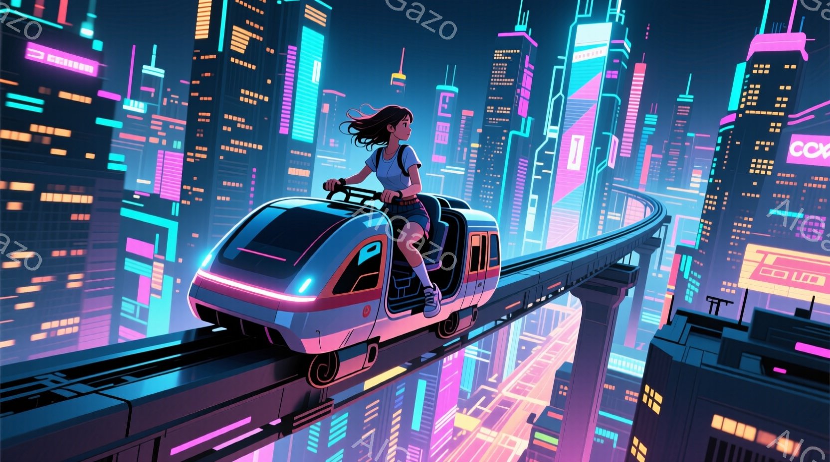 少女は未来都市の高架列車に乗っており、短い黒髪をなびかせ、自信に満ちた表情でハンドルを握っている。背景にはネオン輝く高層ビル群が広がり、紫とピンクの光が都市全体を彩っている。この未来的な光景は、スピード感と活気に満ちた、エネルギッシュな雰囲気を醸し出している。