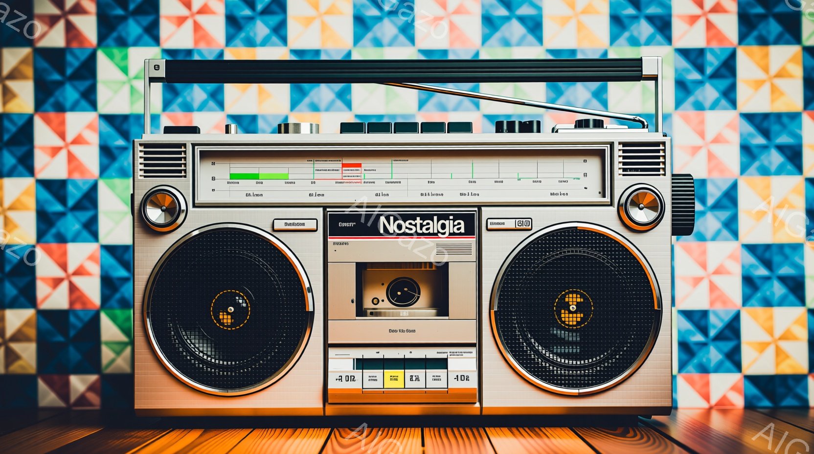 レトロなブームボックスのクローズアップです。それは灰色とオレンジ色のカラフルなデザインで、大きなスピーカーとアナログチューナーを備えています。背景は抽象的な幾何学模様で、鮮やかな色合いがノスタルジックな雰囲気を醸し出しています。