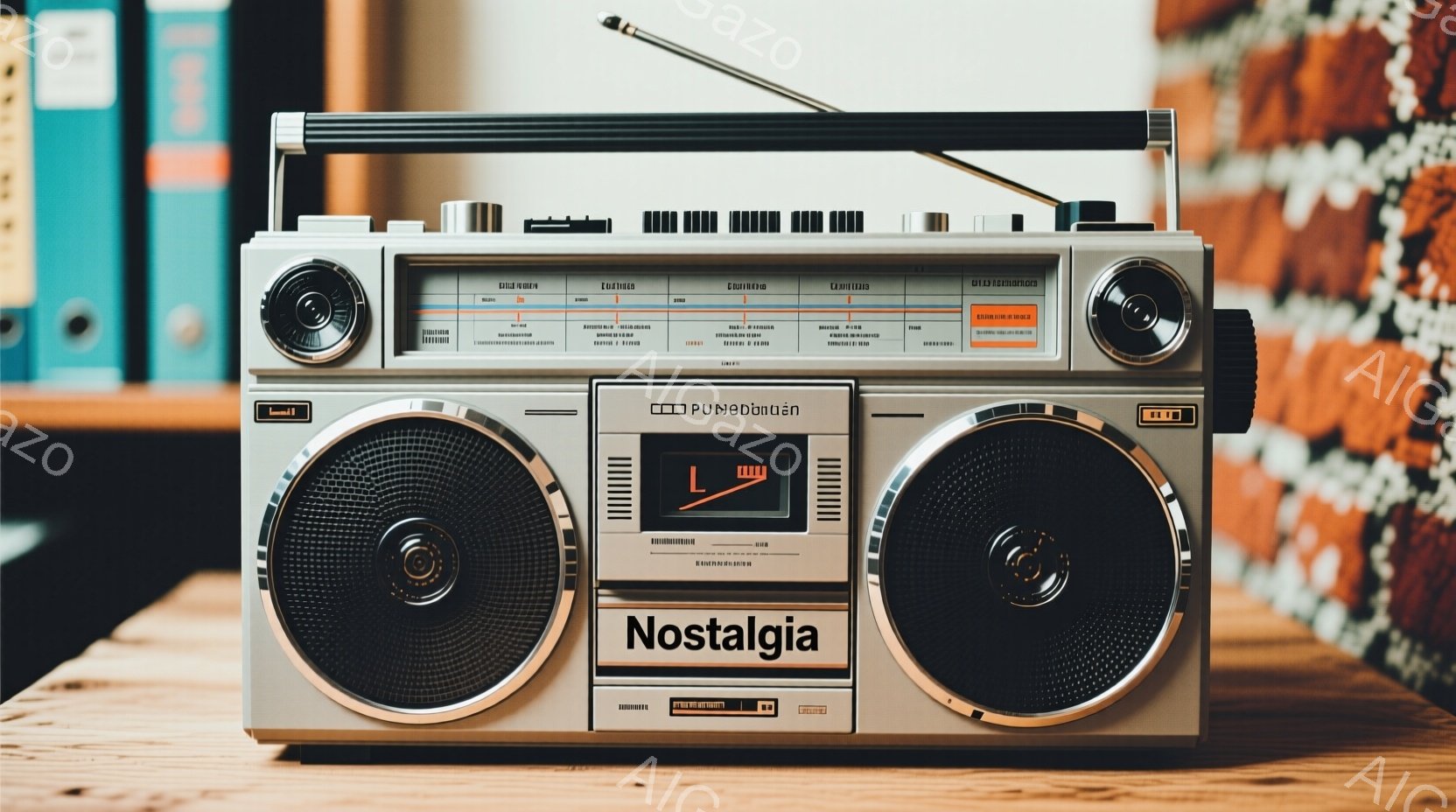 レトロなポータブルステレオラジオのクローズアップです。クリーム色の筐体に黒いスピーカーとコントロールパネルが備えられ、ノスタルジックな雰囲気を醸し出しています。背景には、ぼやけた色の木目調のテーブルと、わずかに見える色の本が並び、時代を感じさせる暖かい光景です。