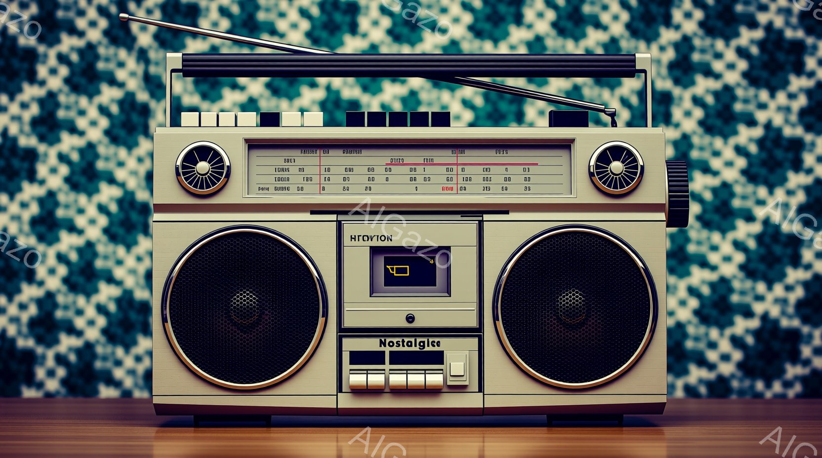 レトロなブームボックスラジオカセットプレーヤーを捉えています。ベージュ色の筐体に黒のスピーカーグリルが特徴的で、アナログのチューナーとカセットデッキが並んでいます。背景は複雑な模様で覆われており、懐かしい雰囲気を強調しています。