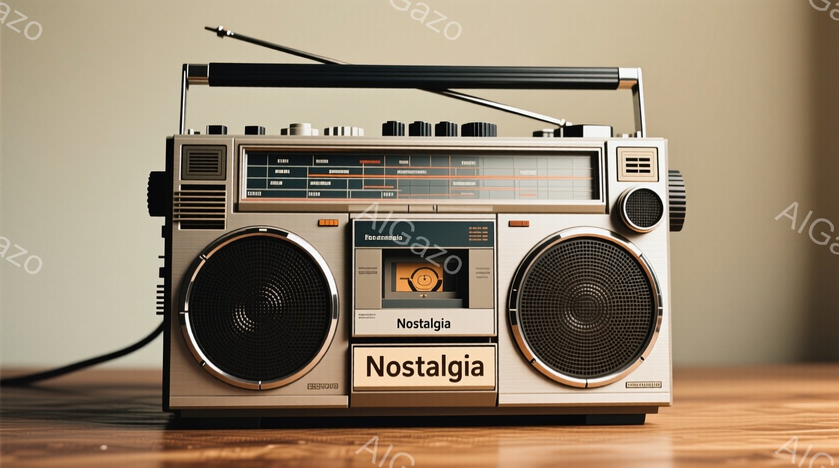 埃っぽい茶色の木製テーブルの上に、レトロなブームボックスが置かれています。ラジオには「Nostalgia」という文字と、シンプルな時計のアイコンが表示されており、時代を感じさせるデザインです。全体的に暖色系の色調で、懐かしい雰囲気を醸し出しています。