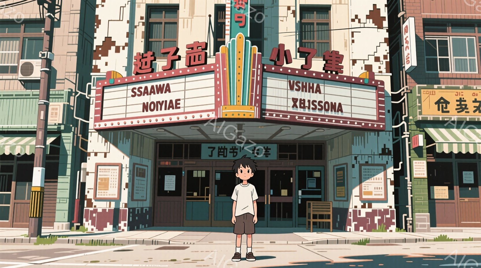 古い映画館の前に立つ少年が描かれています。少年は白いTシャツに短パン、スニーカーを履いており、黒い髪は短く整えられています。背景には、昭和レトロな雰囲気の建物が立ち並び、わずかに緑がみえ、晴れた日の穏やかな雰囲気が漂っています。